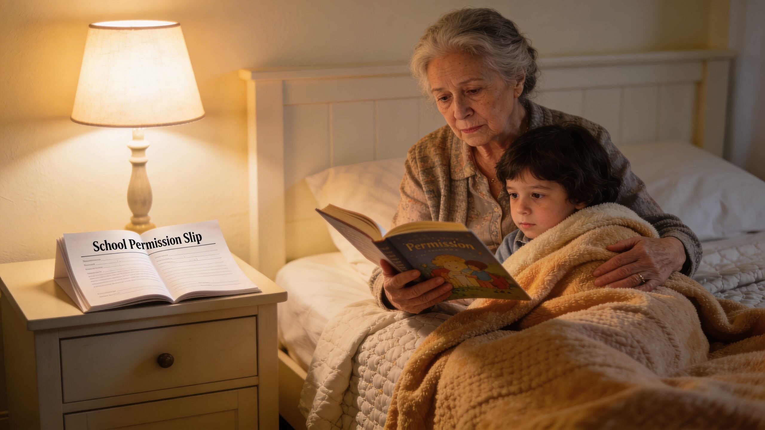An elderly woman reads a bedtime story to her young grandson in a cozy bedroom setting.