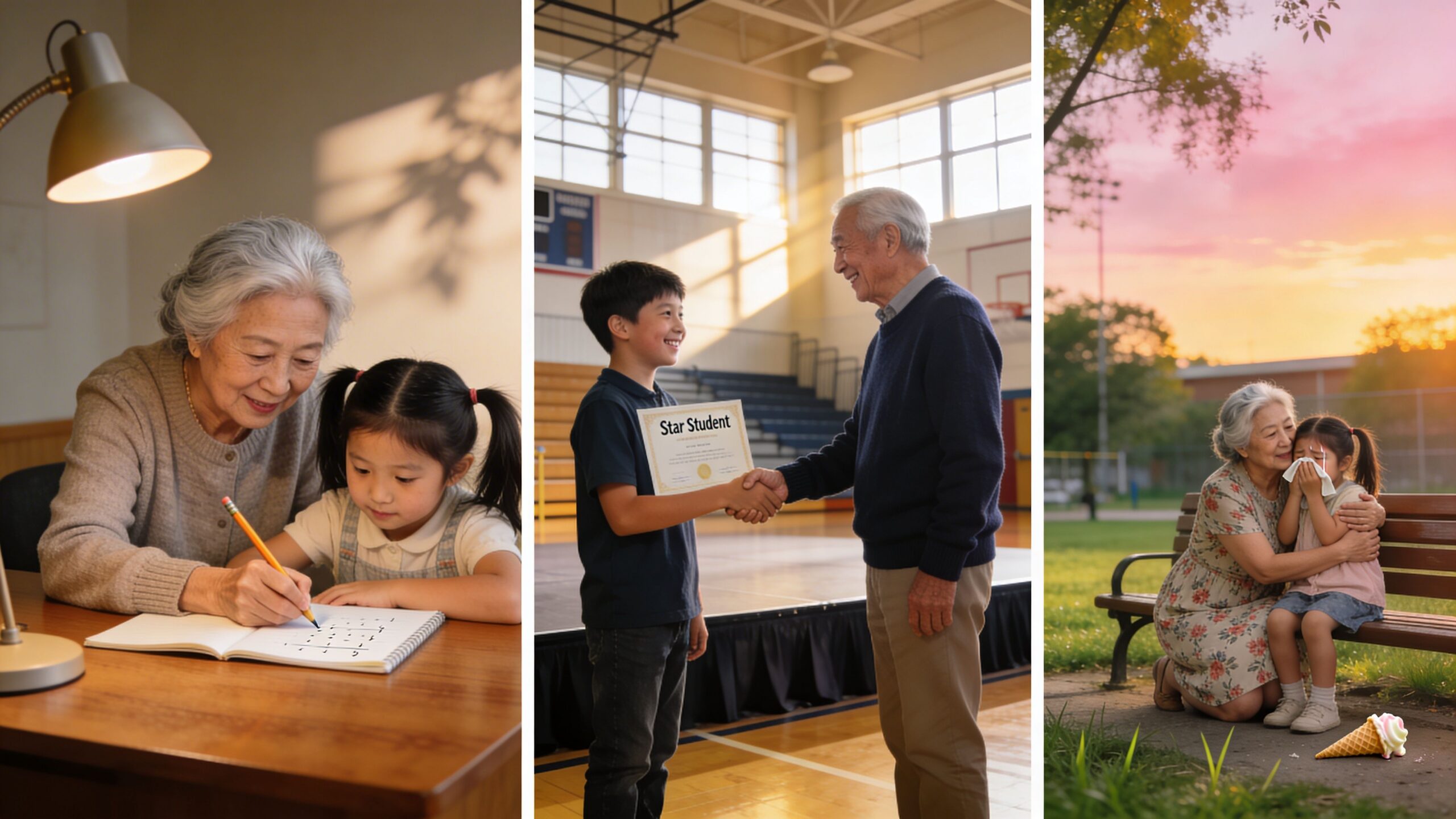 A three-part image showing an elderly woman teaching a child, a grandfather congratulating a student, and a grandmother comforting her granddaughter.