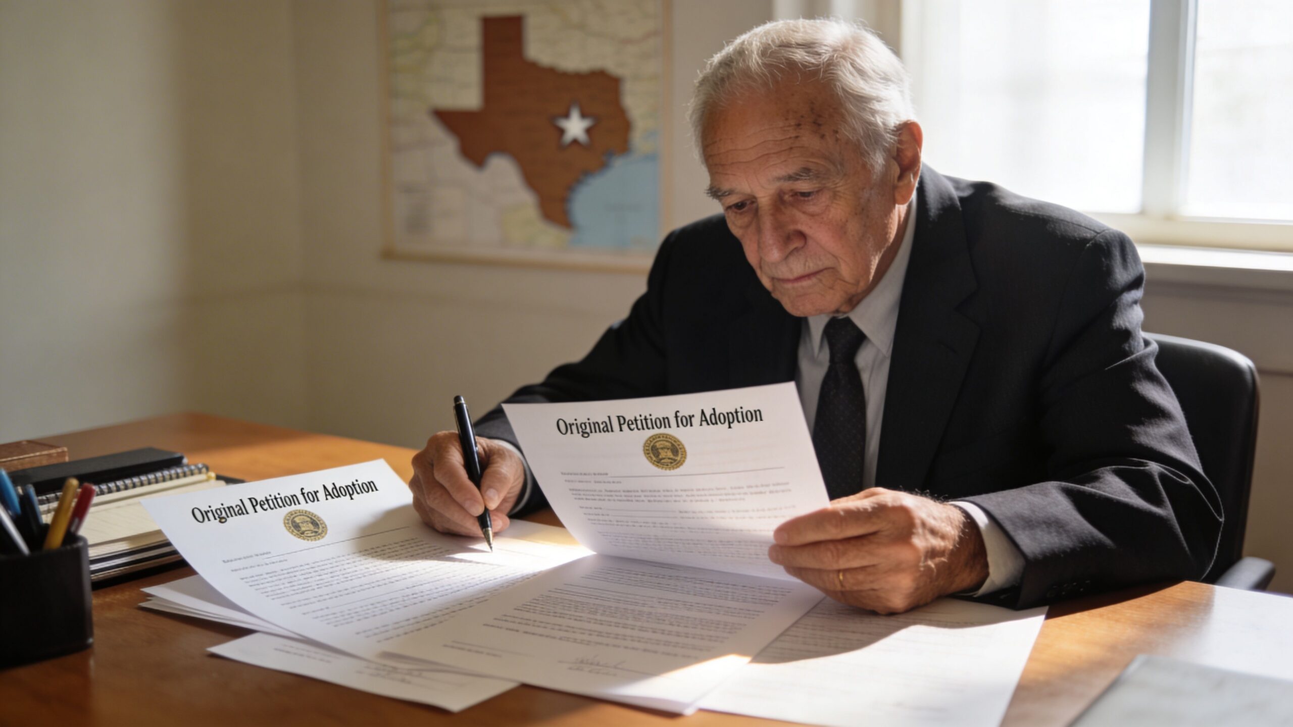 An elderly lawyer reviewing legal documents labeled Original Petition for Adoption in an office setting.