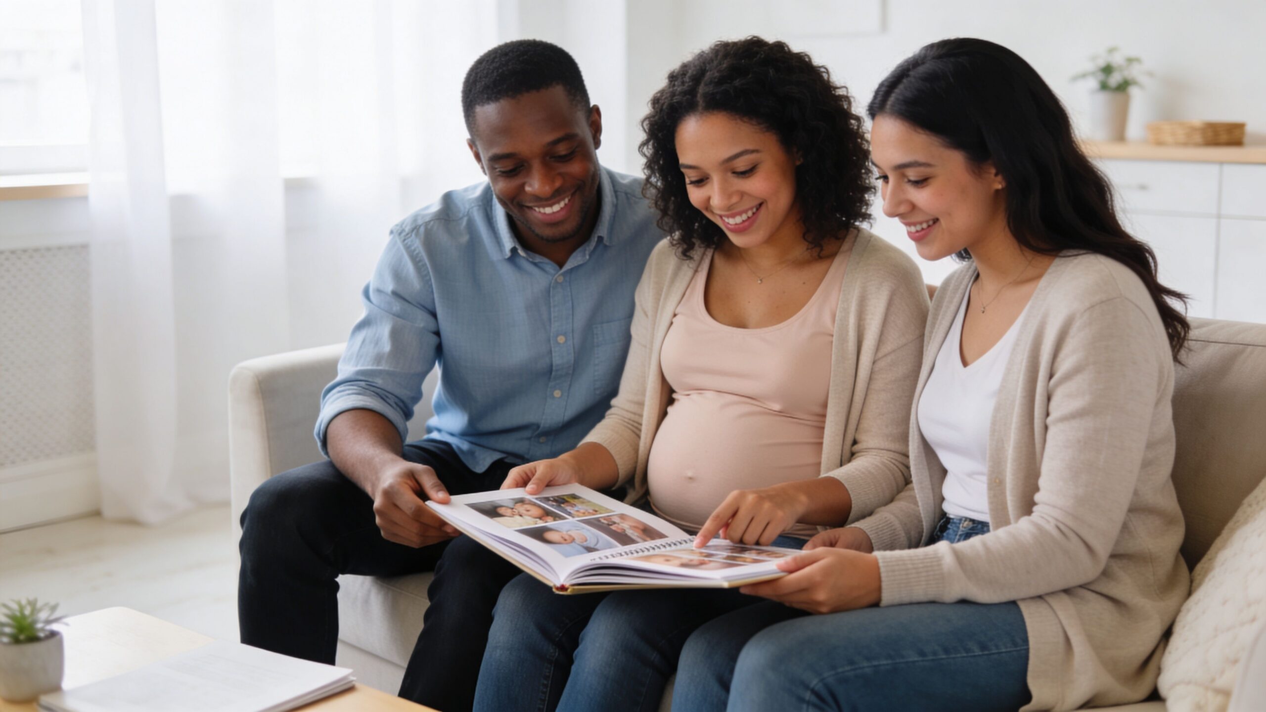 A happy expectant couple and a woman look at a photo album together on a sofa.