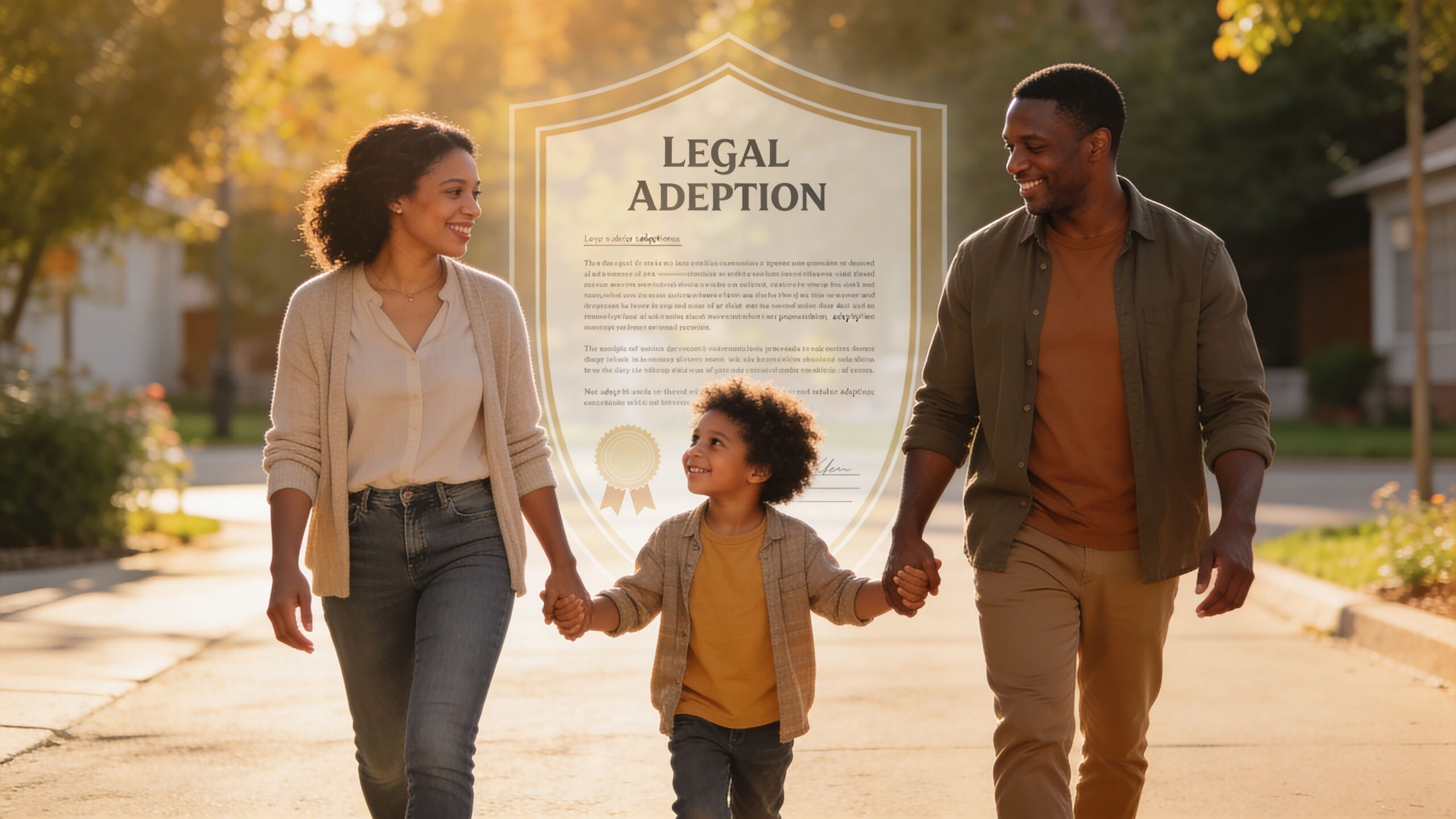 A happy family holding hands and walking together on a sunny residential street during the golden hour.