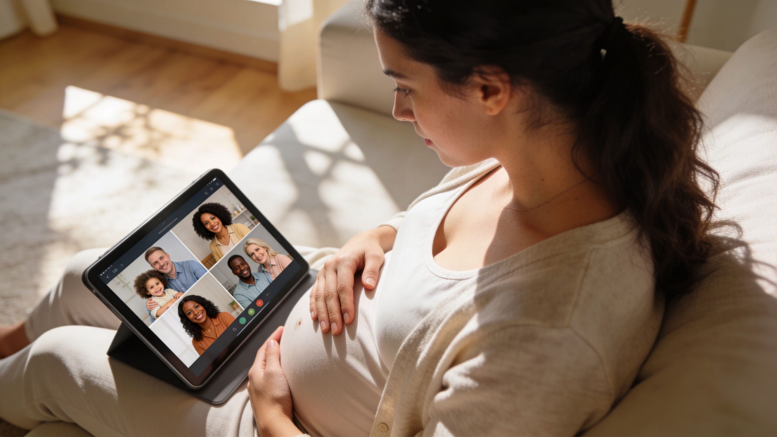 A pregnant woman sitting on a sofa looking at a video call on her tablet computer.