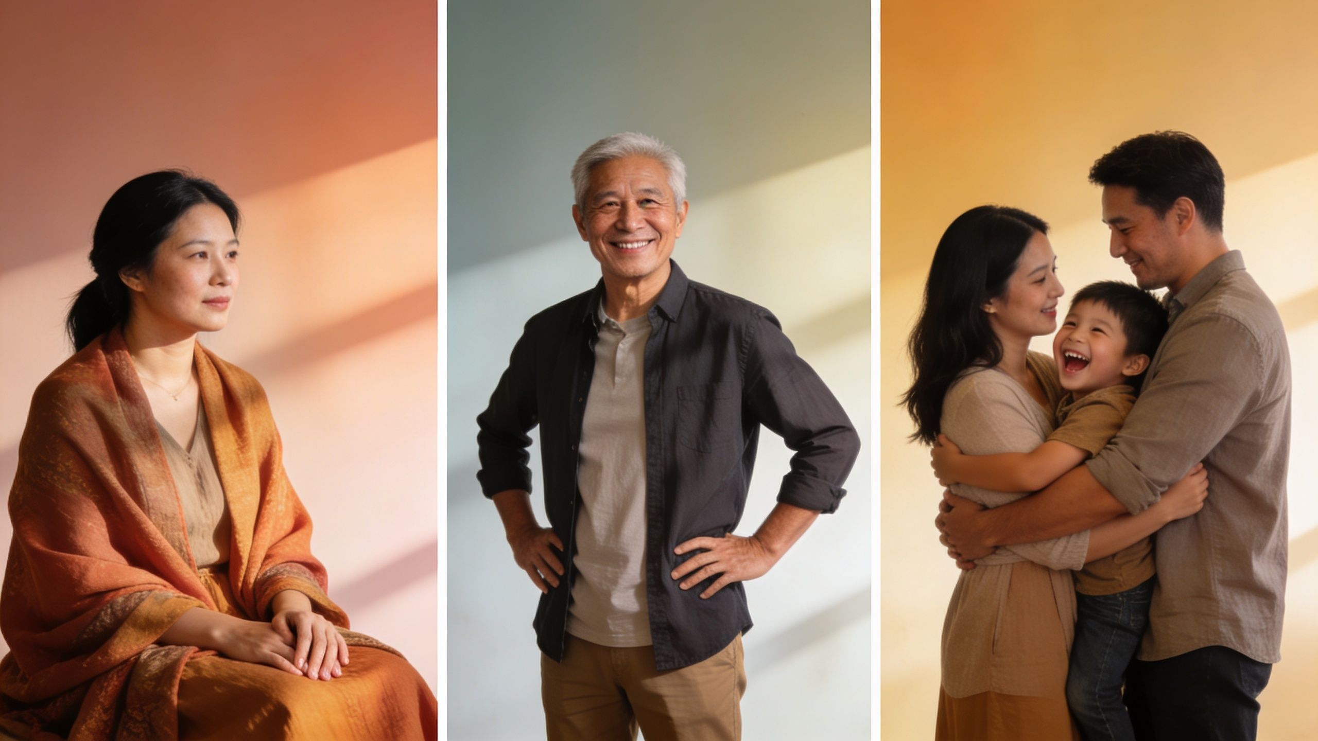 A composite image showing a woman, an older man, and a young family in warm sunlight.