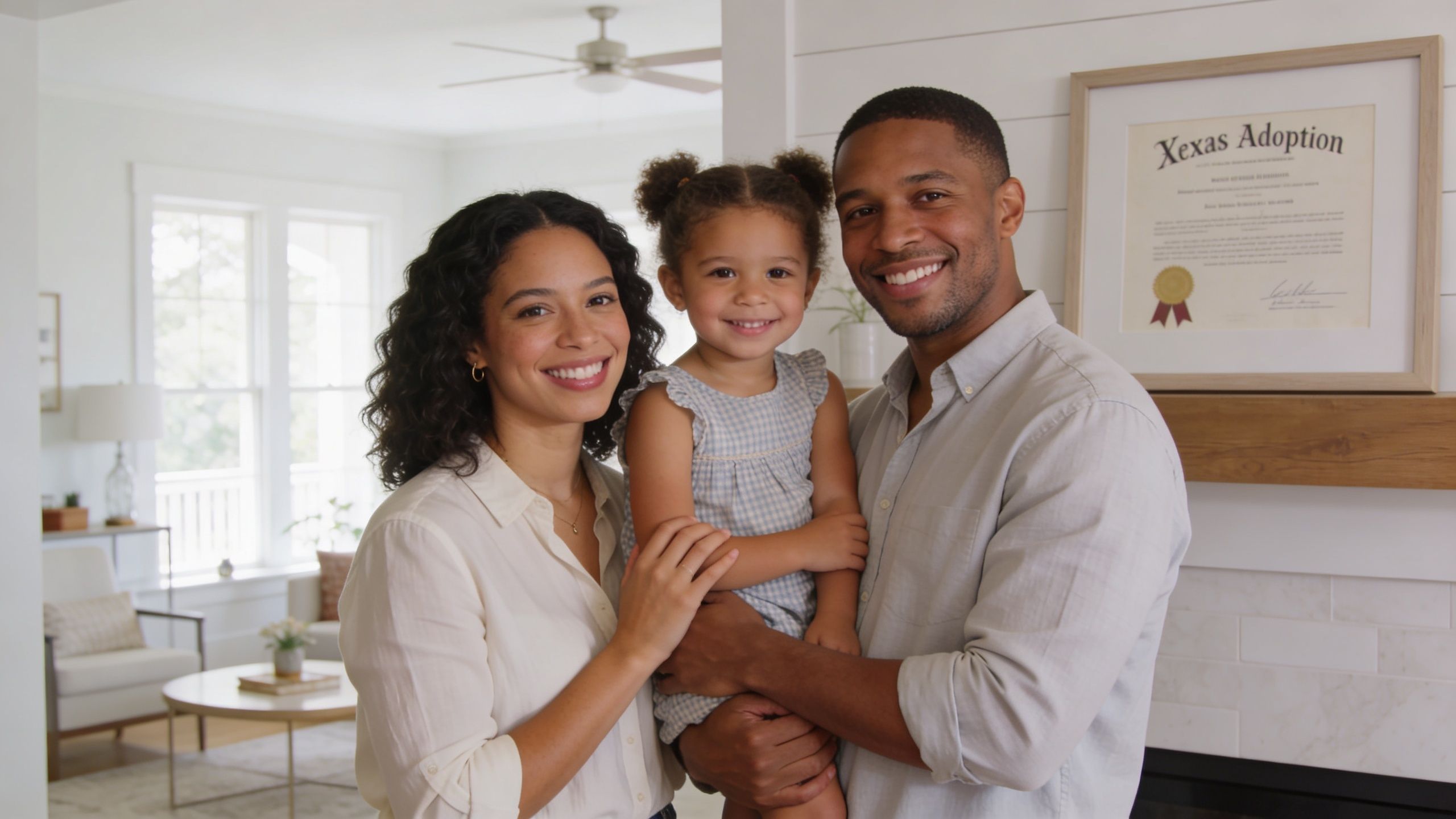 A happy multi-racial family of three standing together in their home after a successful adoption.