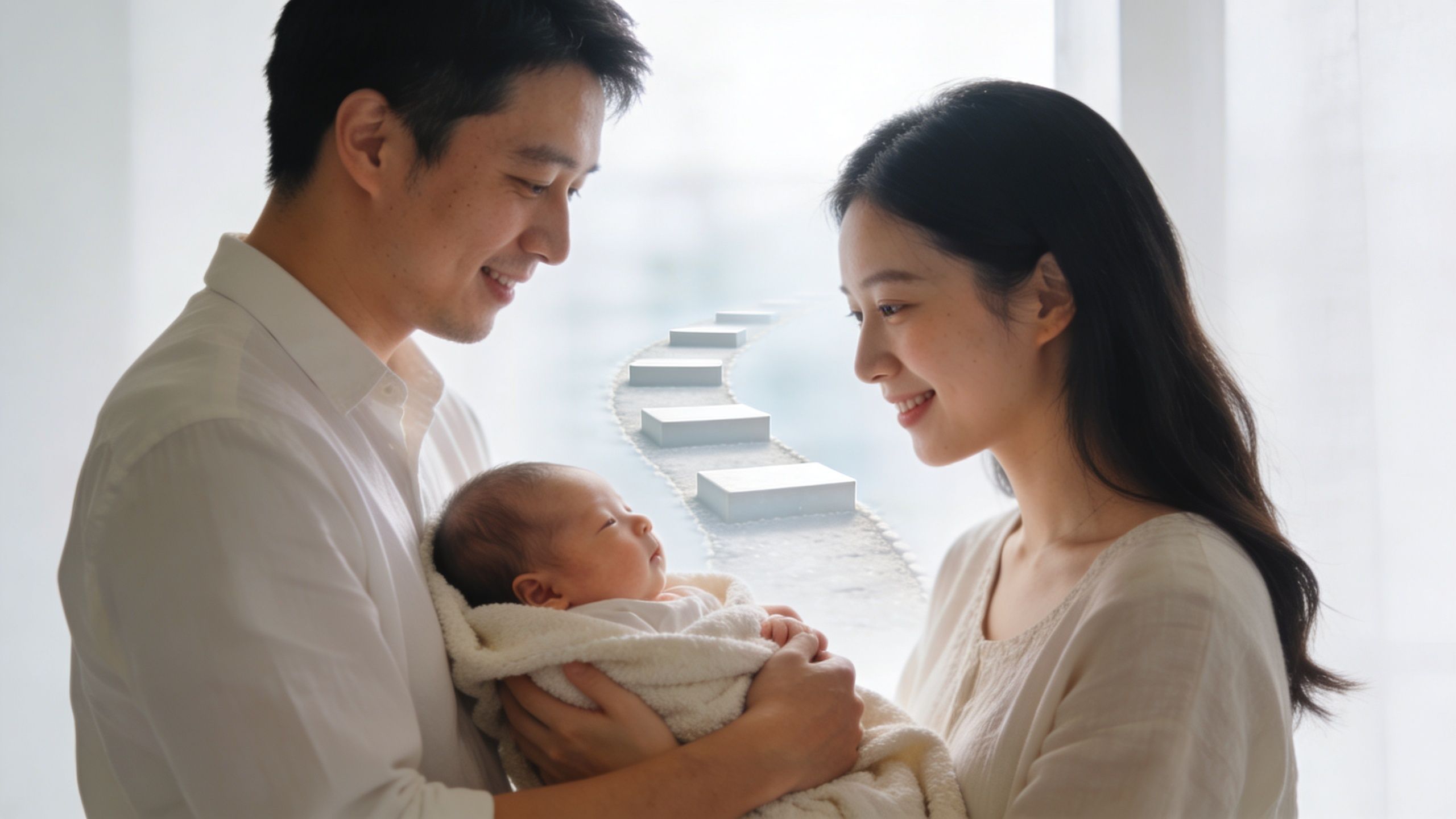 A young couple lovingly holds their newborn baby in a bright and serene indoor setting.