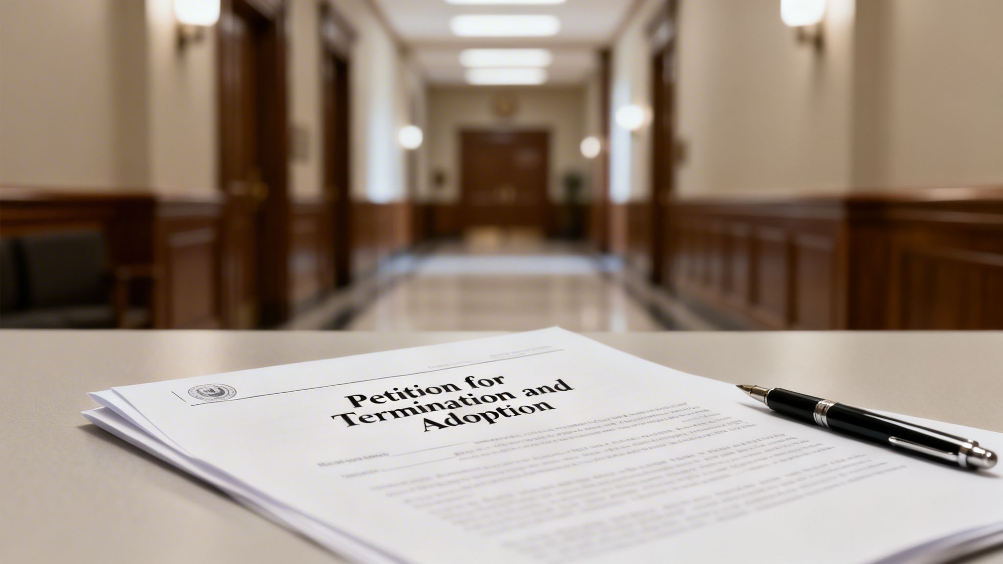 A document titled "Petition for Termination and Adoption" and a pen on a table in a courthouse hallway.