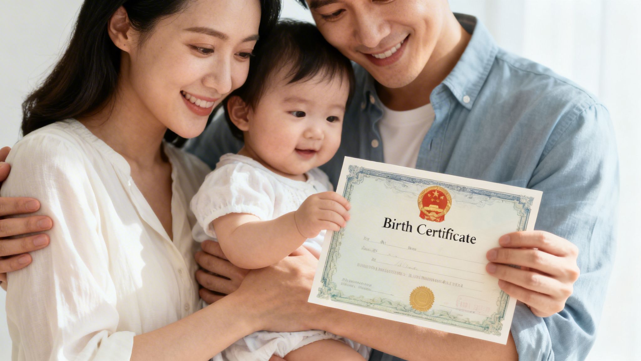 Smiling Asian parents with their baby, proudly holding a birth certificate.