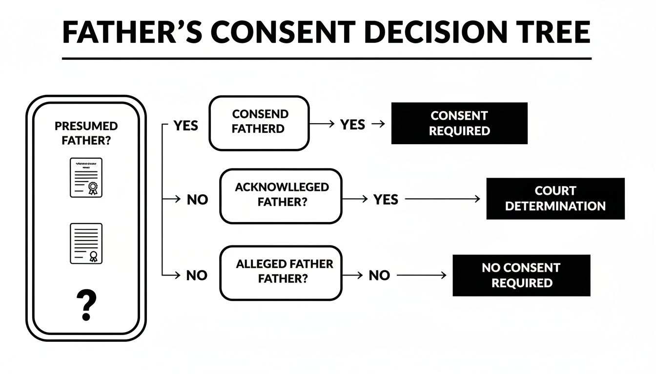 Father's Consent Decision Tree flowchart showing paths for presumed, acknowledged, and alleged fathers.