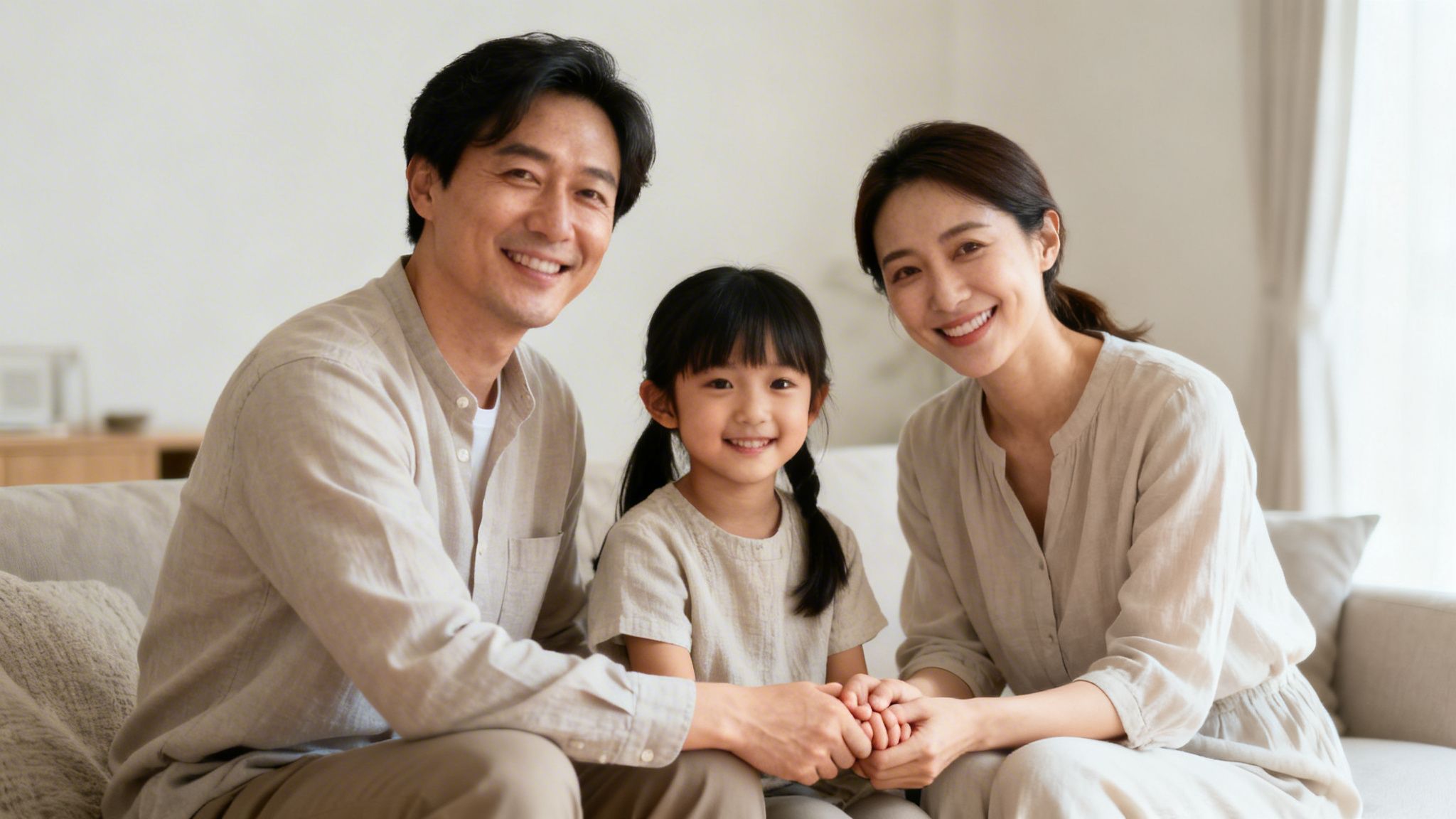 A happy Asian family of three, including a mother, father, and daughter, smiles on a couch.