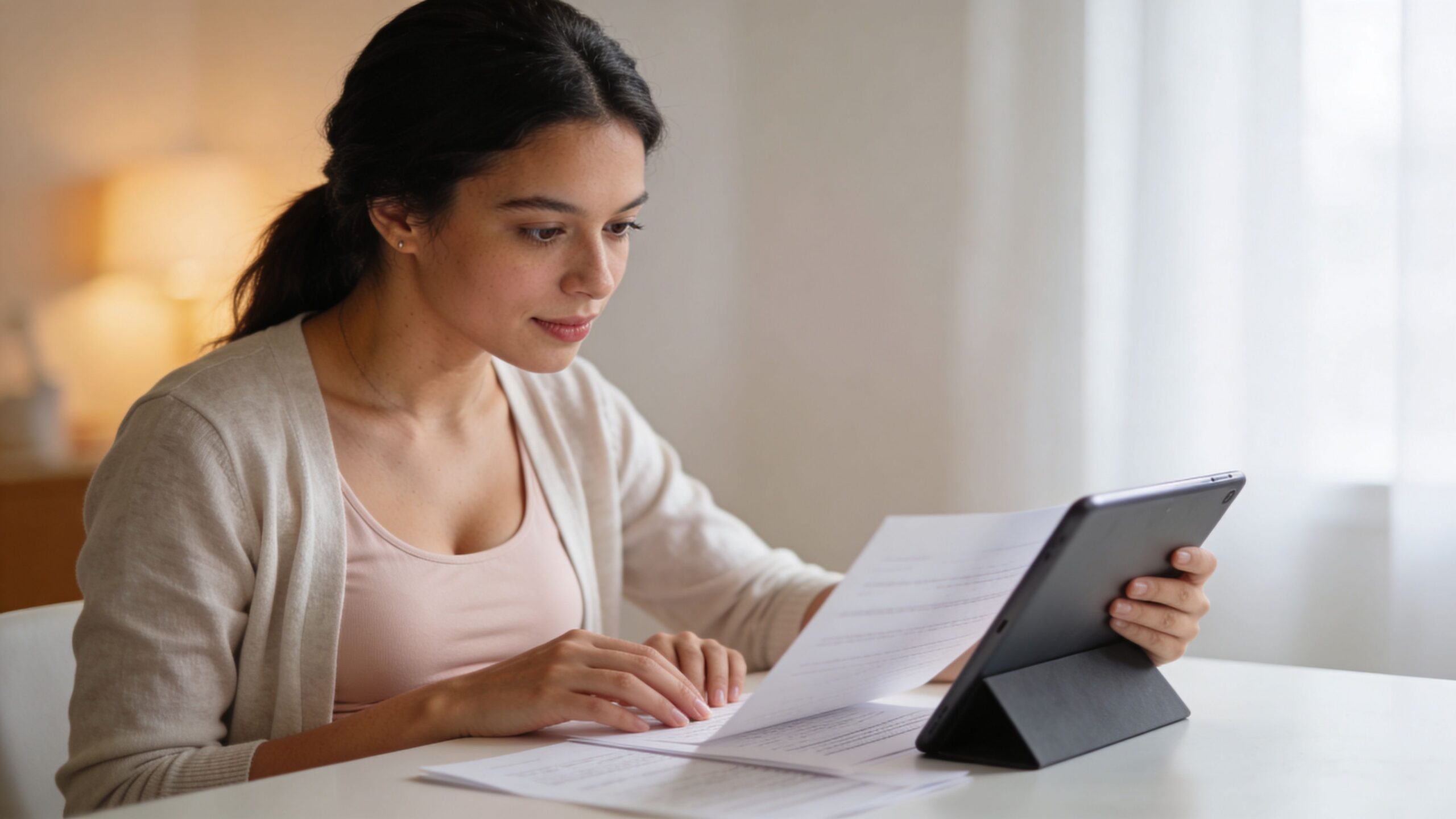 A young woman sits at a table carefully reviewing adoption documents while using a digital tablet.