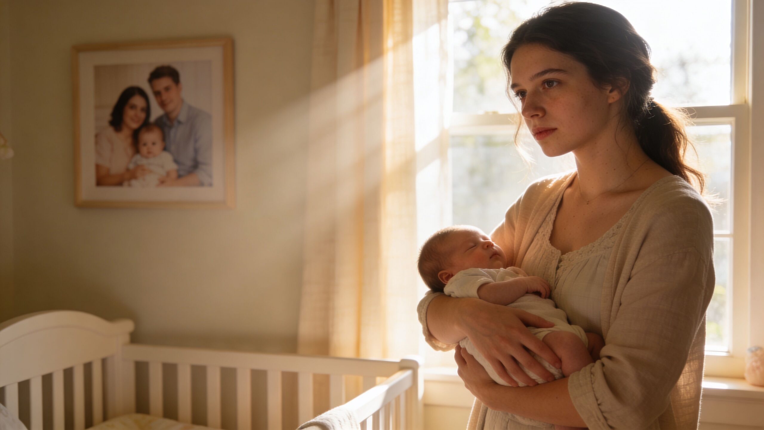 A sad young mother looking out the window while holding her newborn baby in a bright nursery.