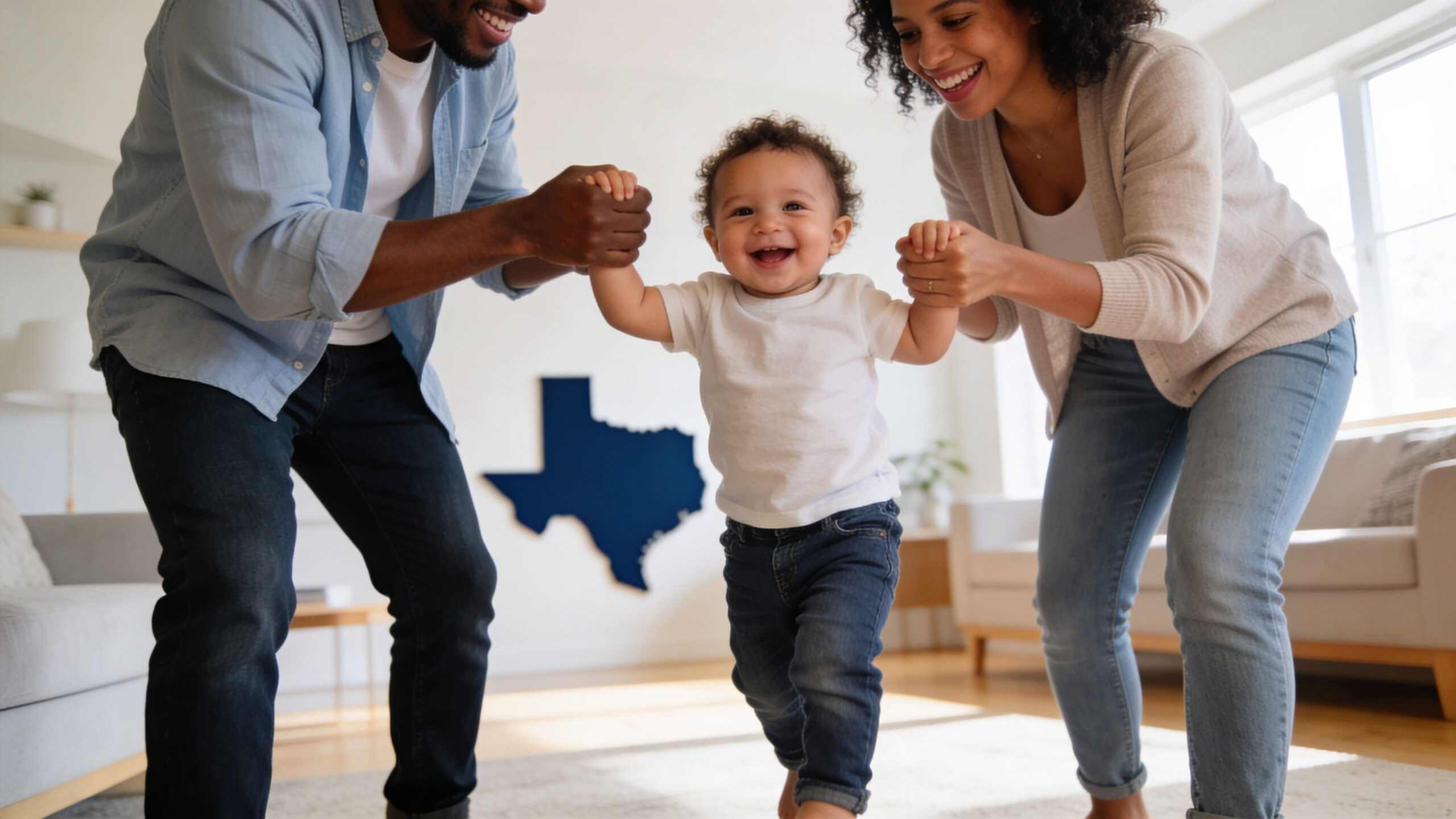 A happy toddler taking their first steps while being held by their loving parents in Texas.