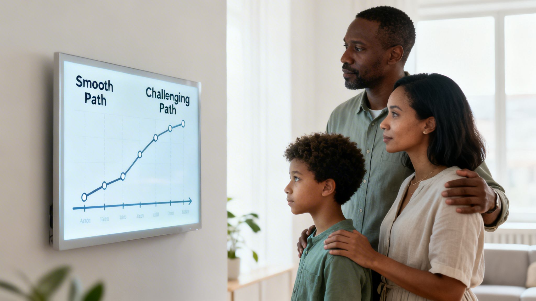 A concerned family looks at a growth chart representing the smooth and challenging paths of life.