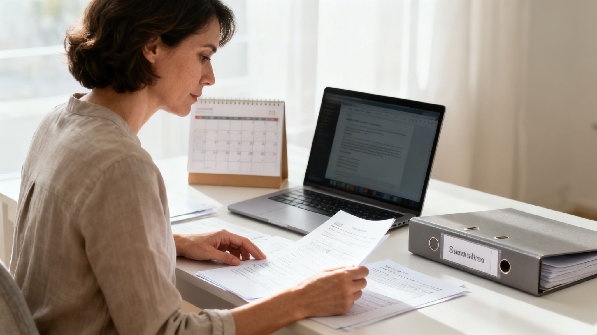 A professional woman in a light beige shirt reviewing legal documents at her tidy home office desk.