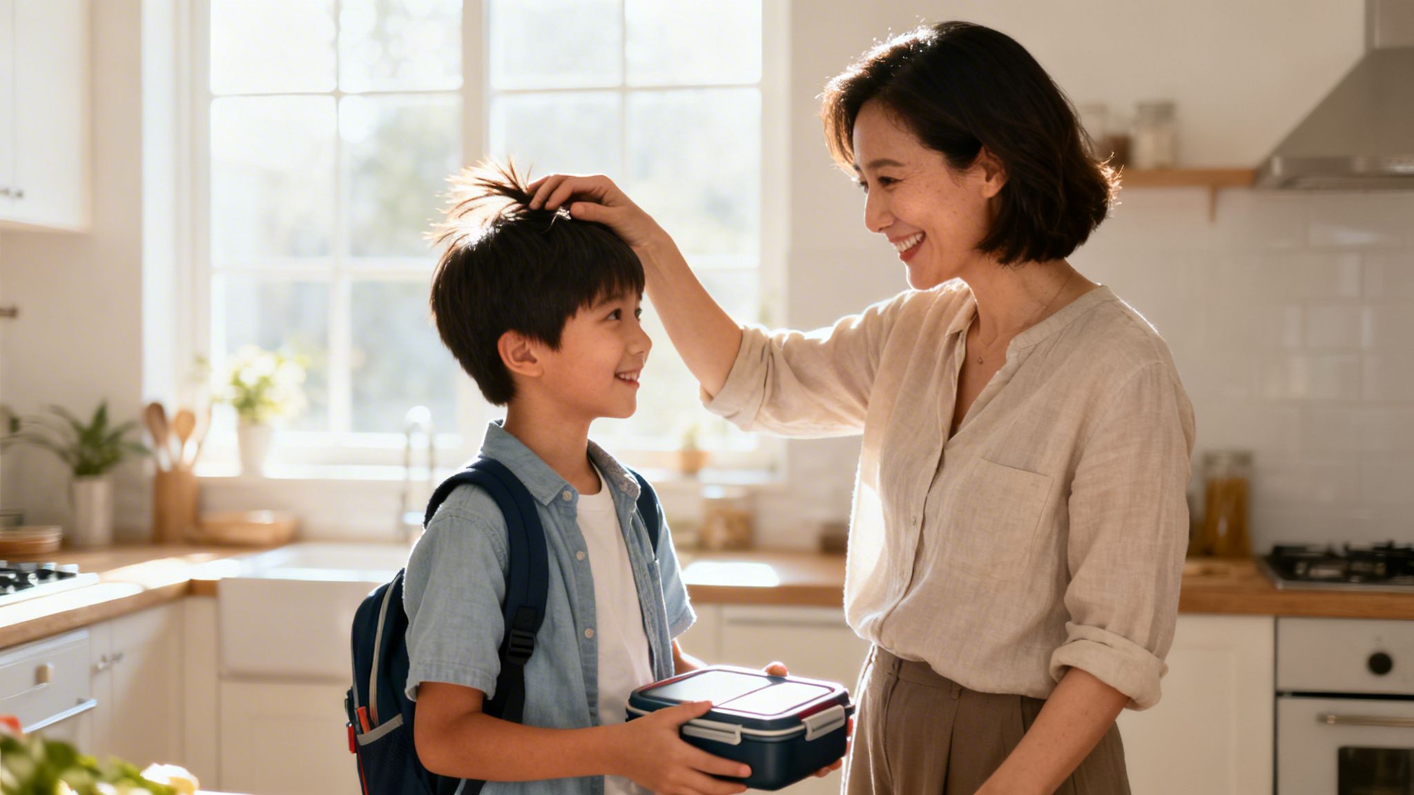 A caring mother smiles while affectionately fixing the hair of her young son who is ready for school.
