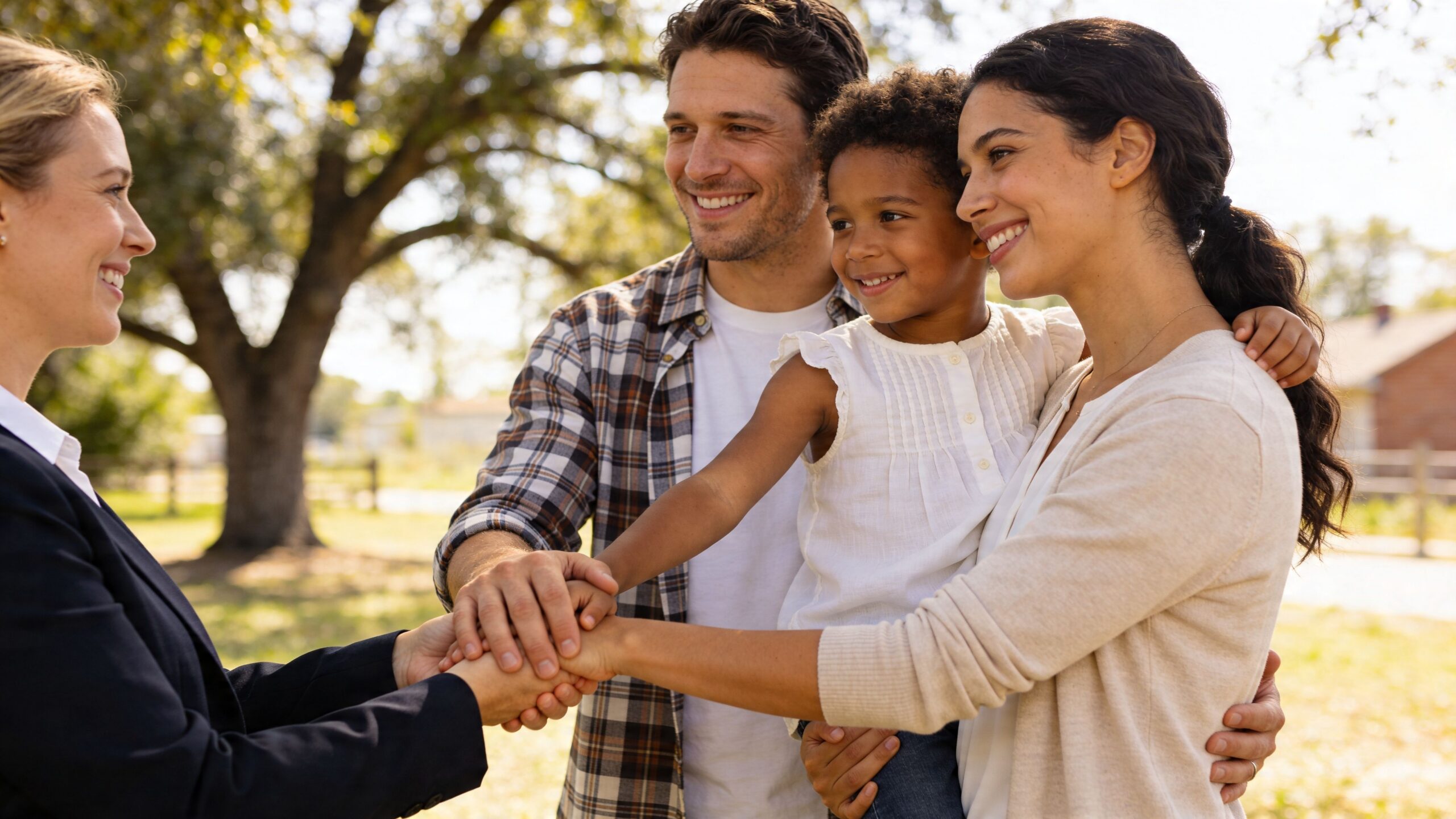 A social worker shaking hands with a happy adoptive family during an outdoor meeting.