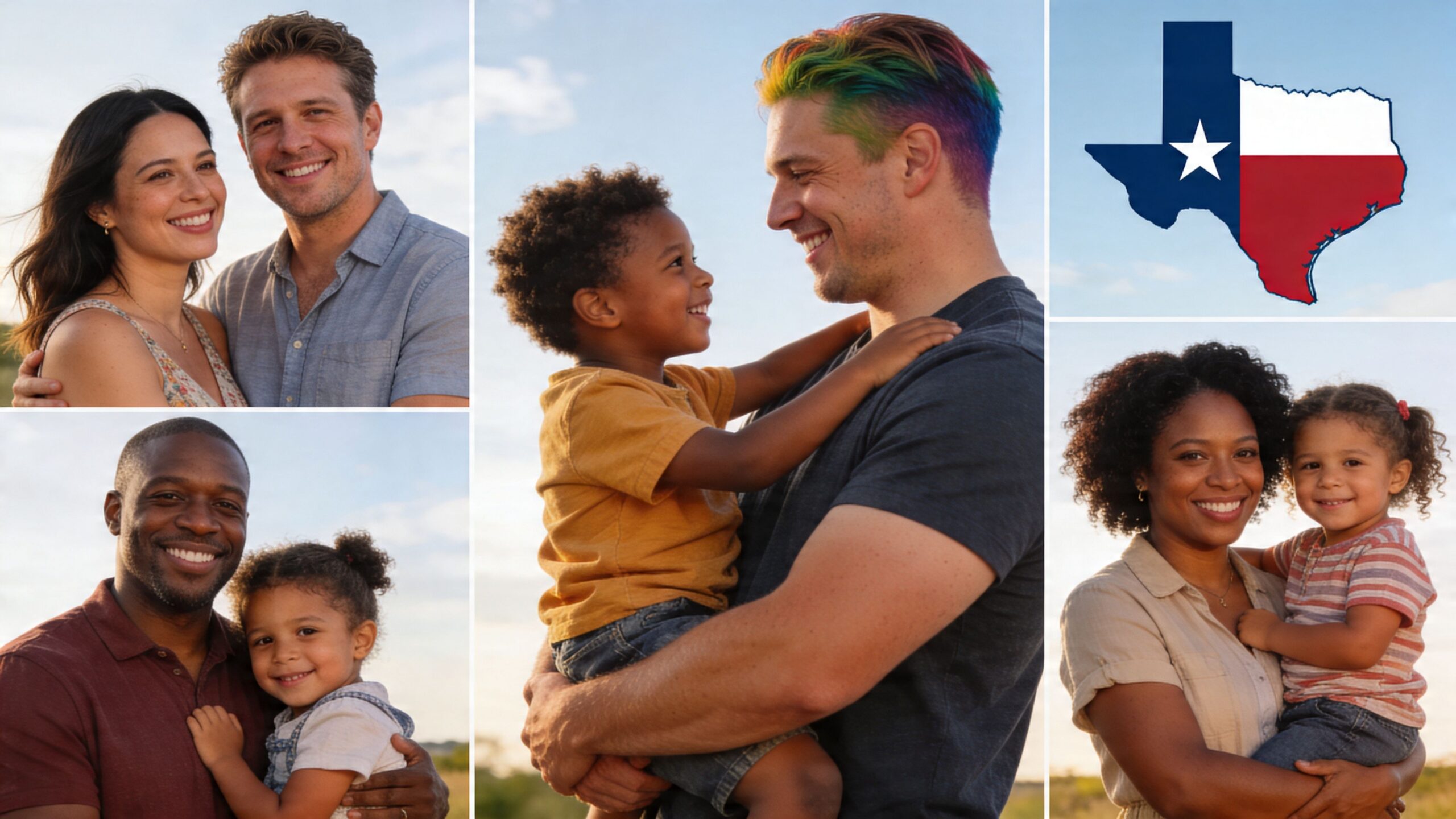 A diverse collage of happy parents and their children with a Texas state map graphic overlay.