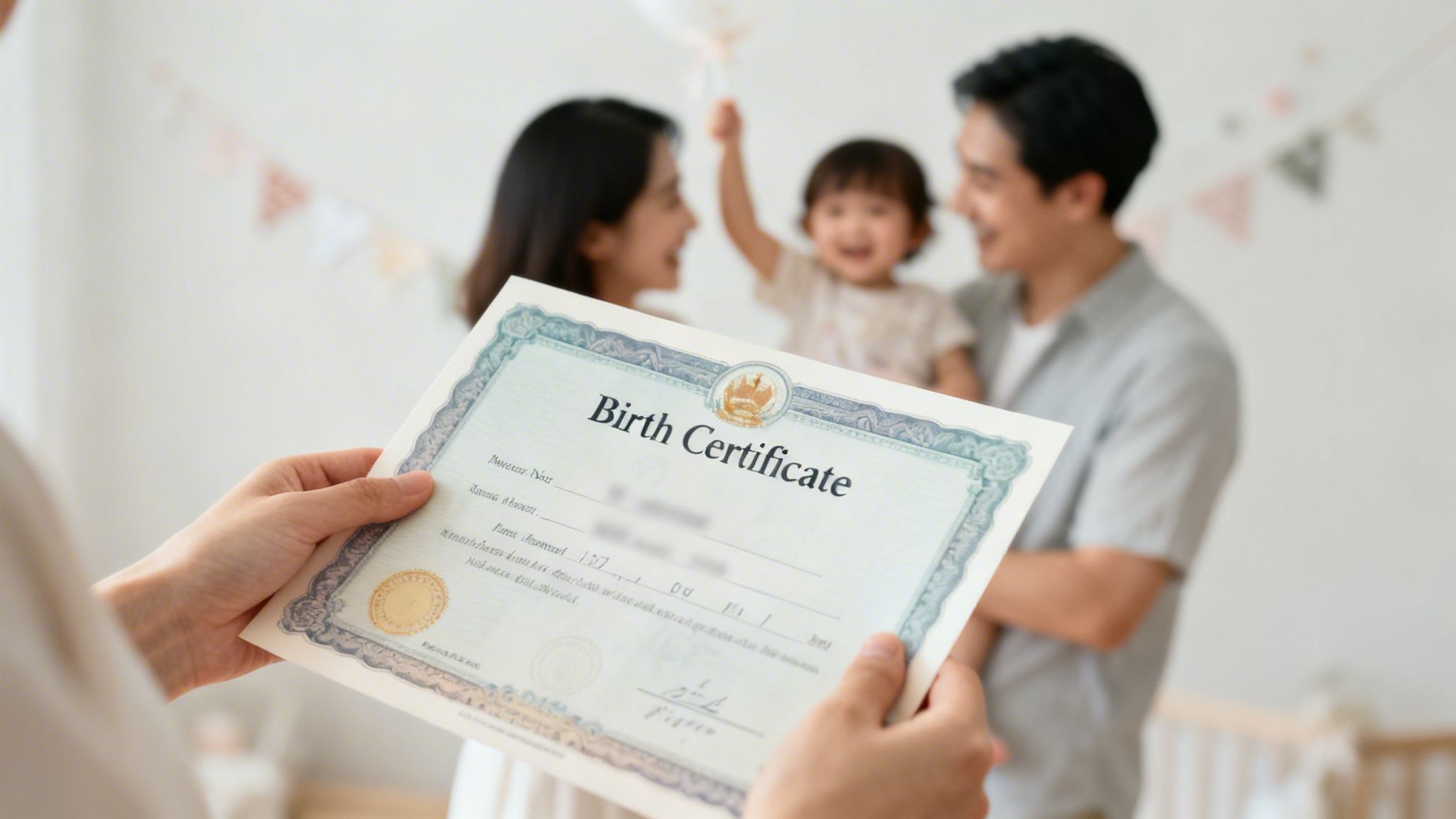 A person holds a birth certificate, with a happy family and their child blurred in the background.
