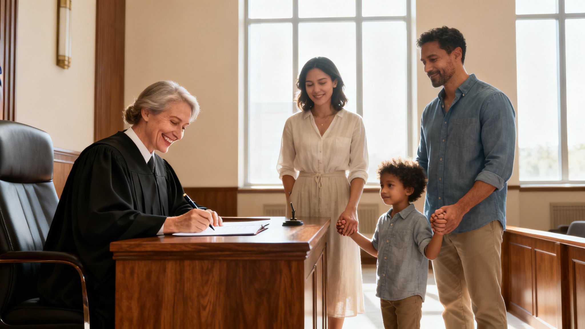 A smiling female judge signs adoption papers for a happy multiracial family with a young boy.