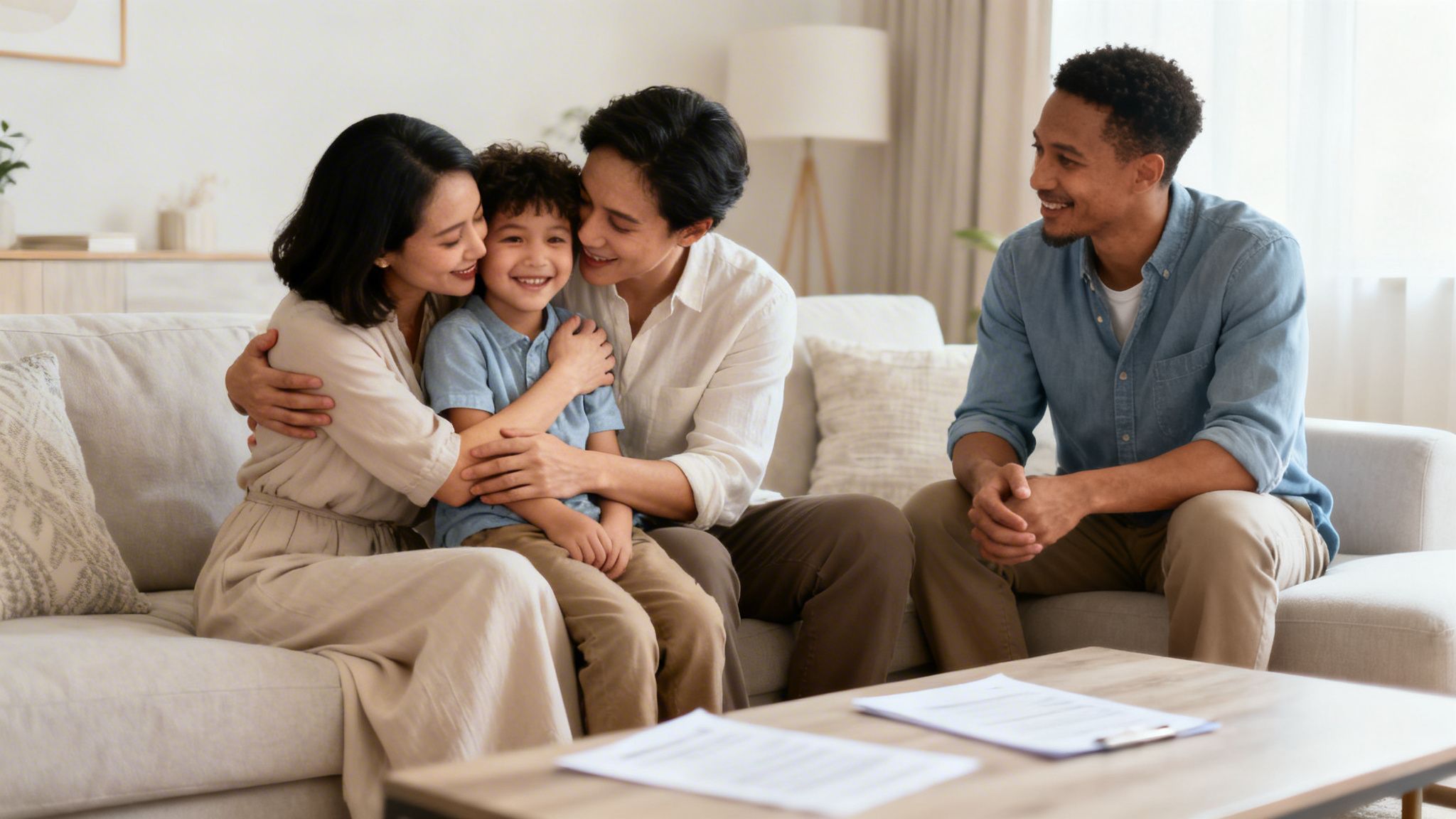 A multi-ethnic family, two parents and a child, hugging on a sofa, with another man sitting nearby.