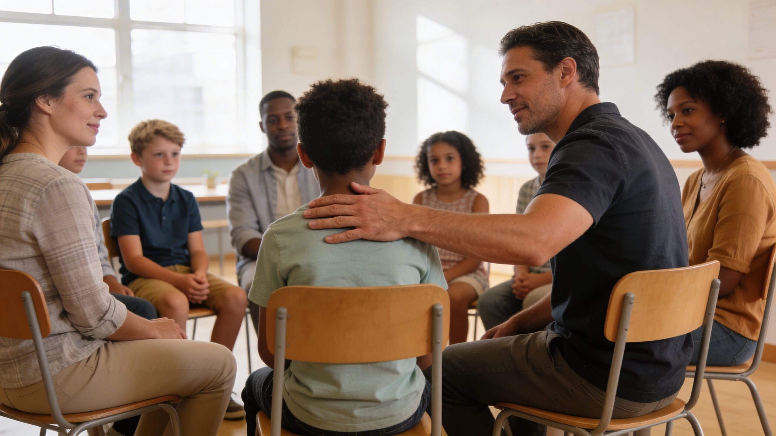 A diverse group of adults and children participating in a supportive group therapy or adoption meeting.