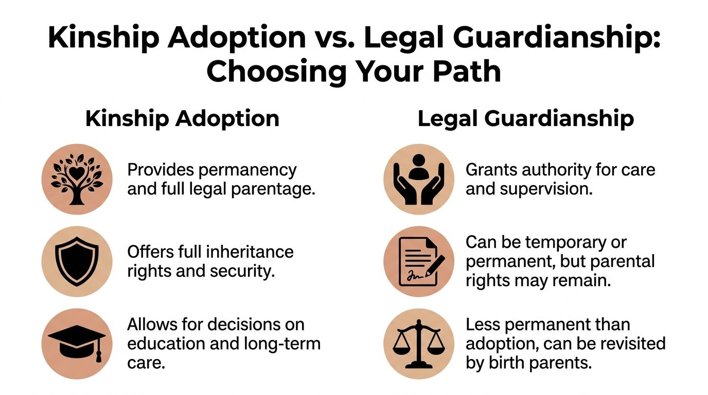 A comparison chart highlighting the legal differences between kinship adoption and legal guardianship for children in care.