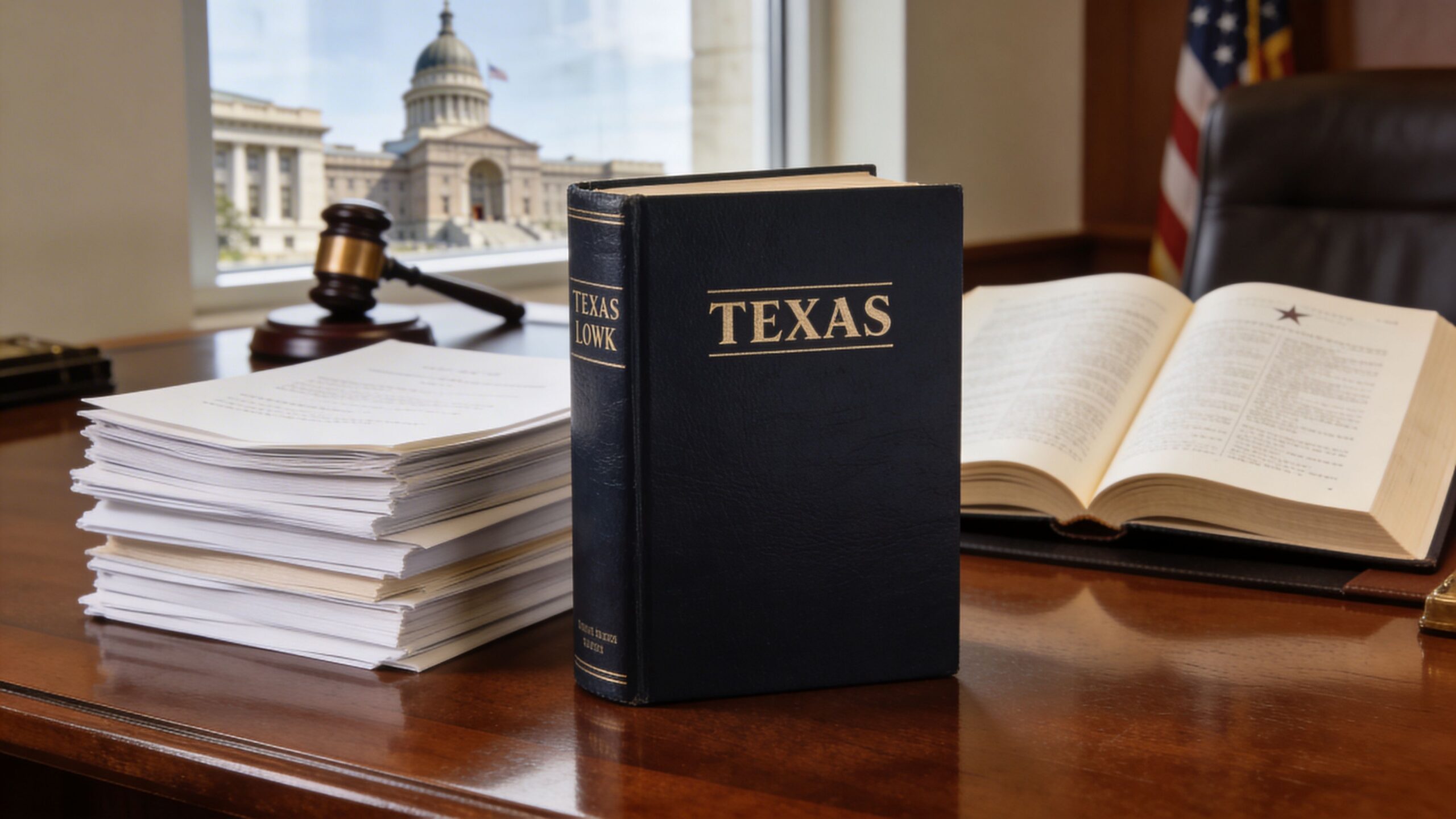 A black law book labeled Texas stands on a wooden desk next to legal documents and a gavel.