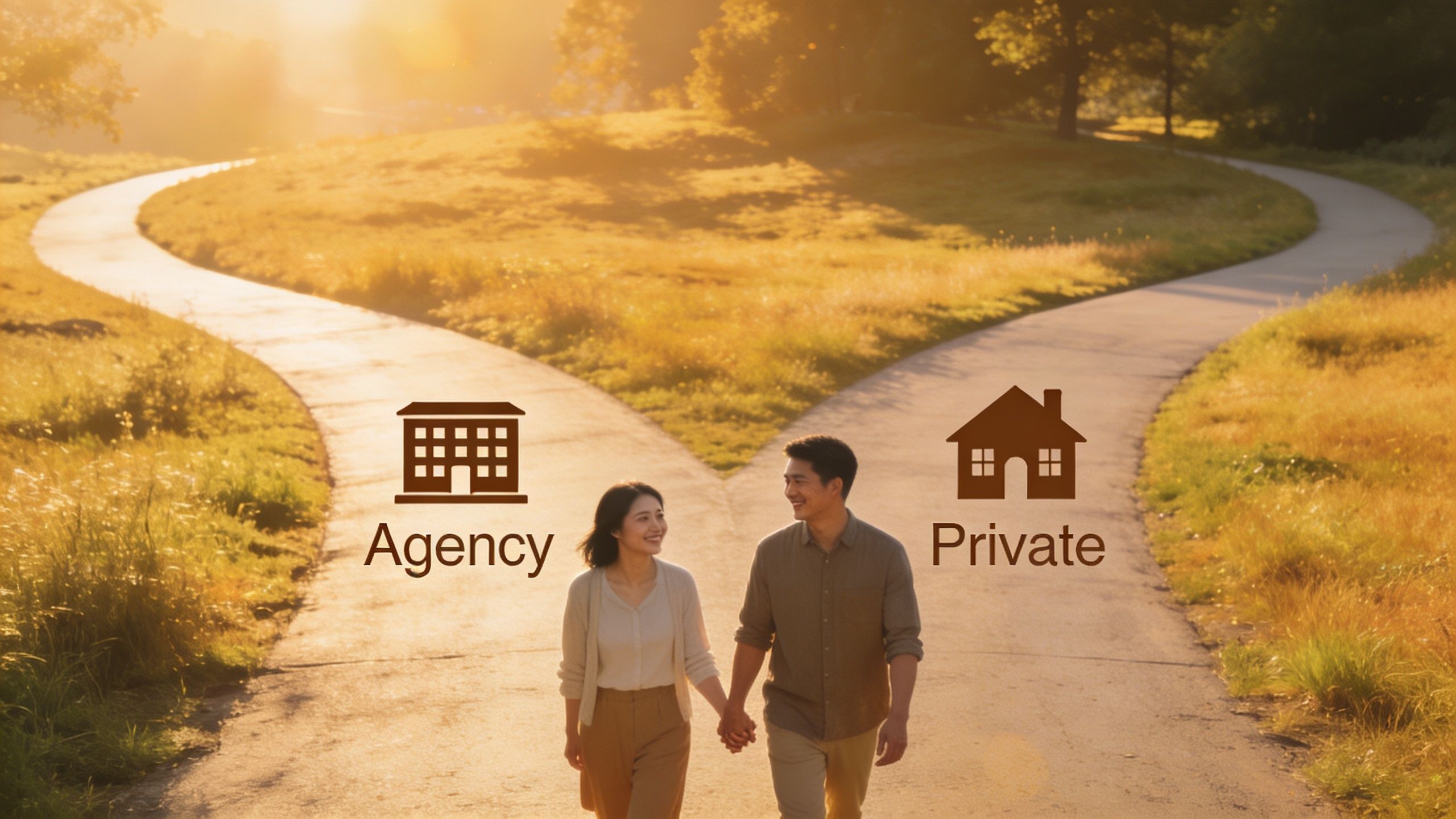 A couple walking on a path that splits into two choices representing agency and private adoption.