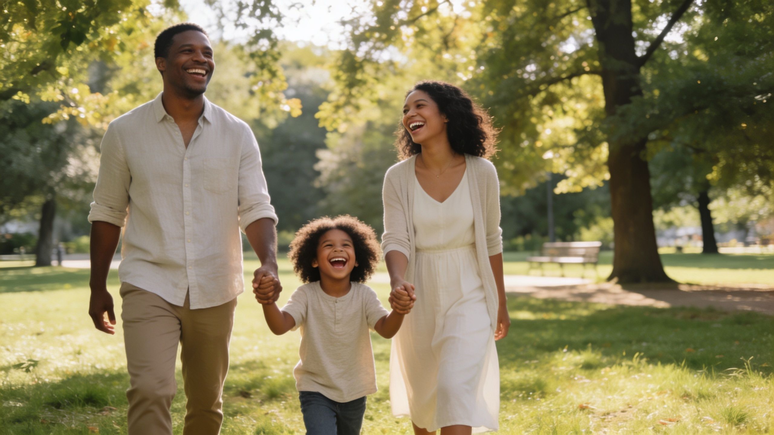 A happy African American family walking and laughing together while holding hands in a lush green park.