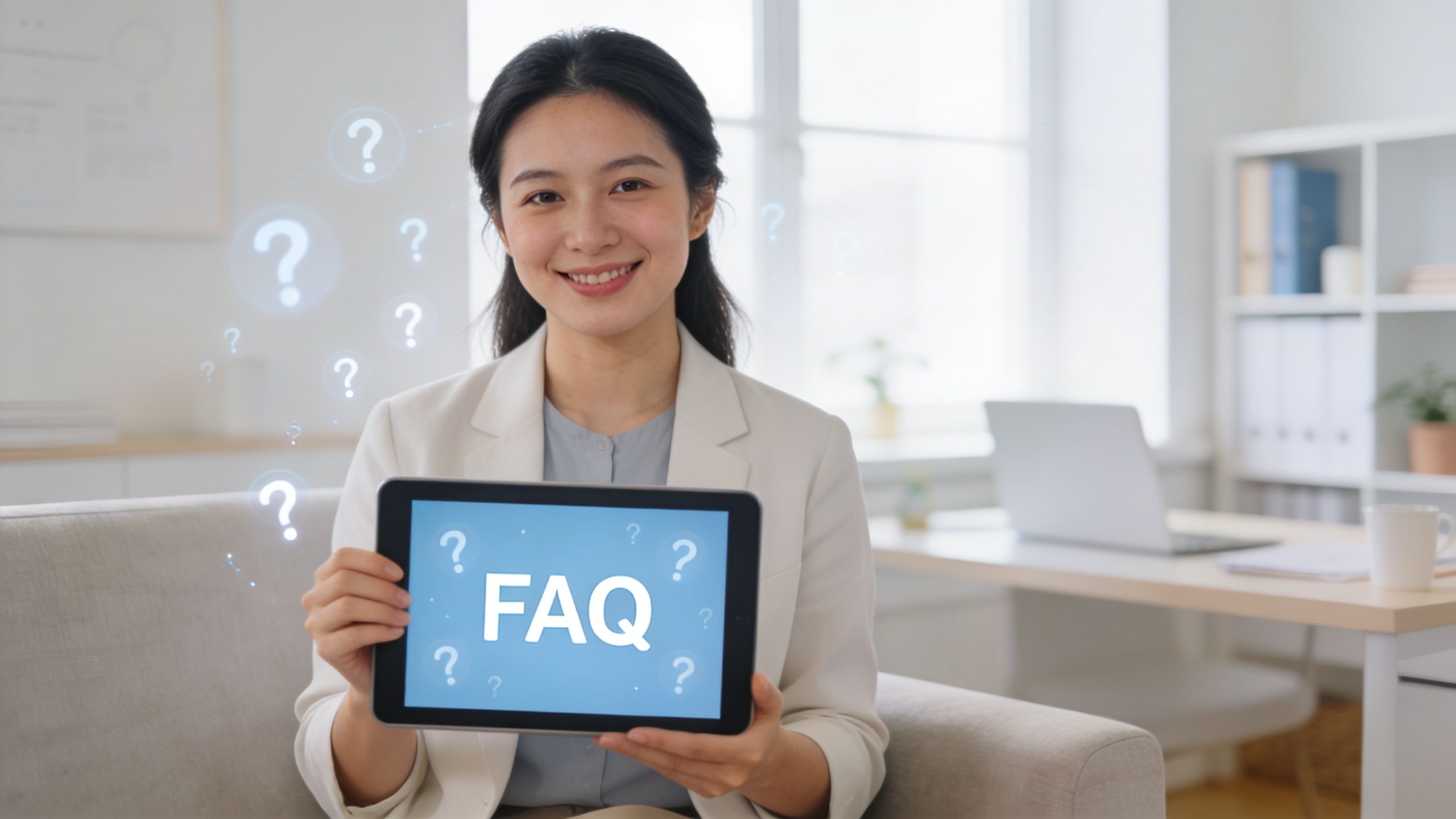 A professional smiling woman in a business suit holding a tablet displaying FAQ text.