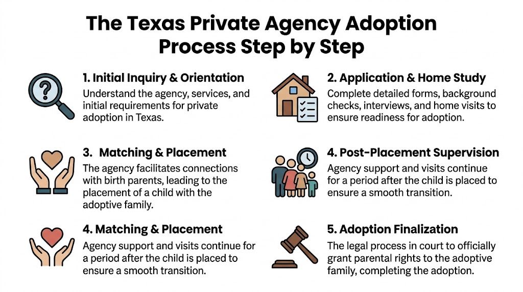 A step-by-step infographic illustrating the private adoption process for families in the state of Texas.