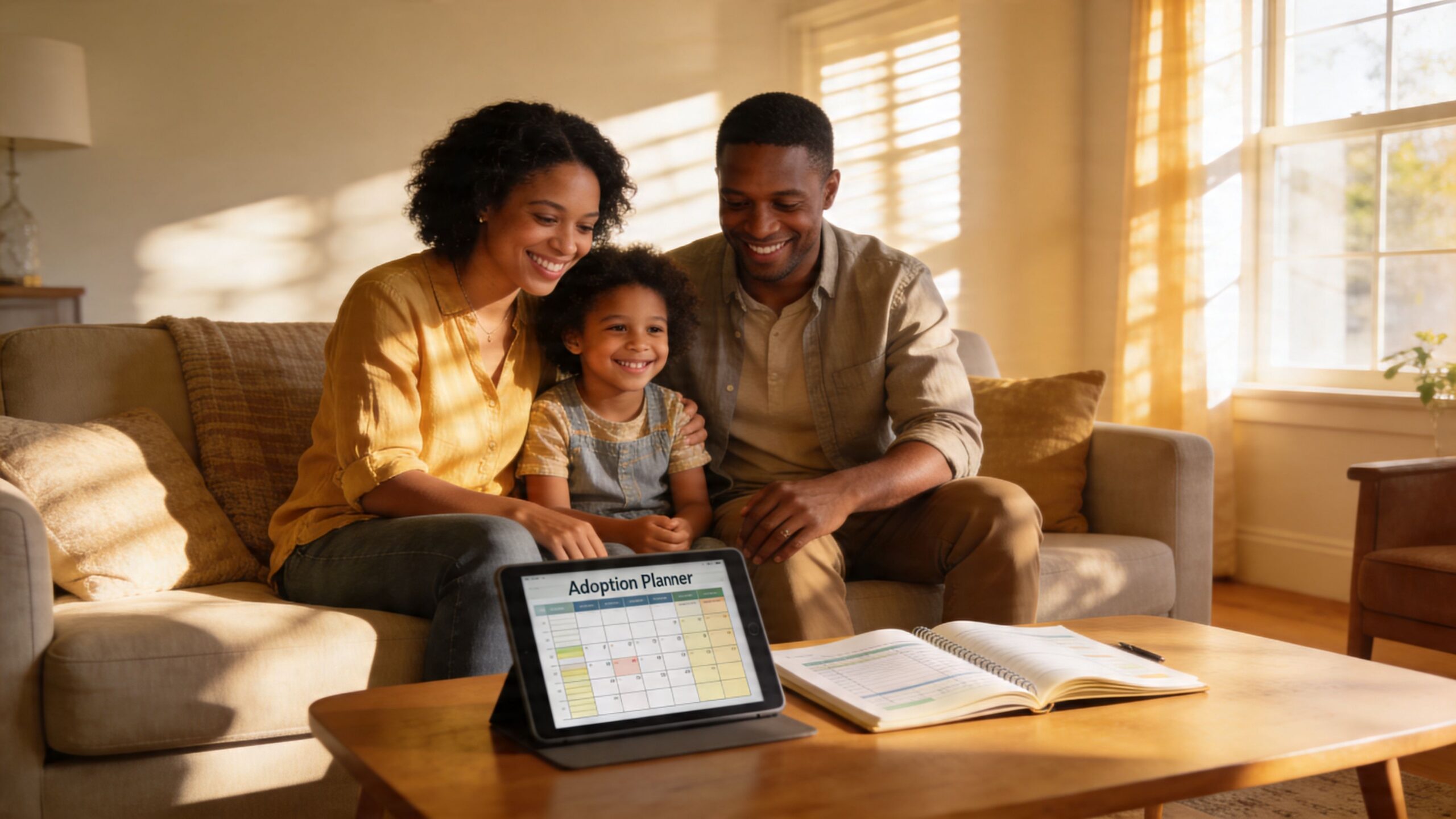 A happy diverse family sitting on a sofa while viewing an adoption planner on a tablet device.