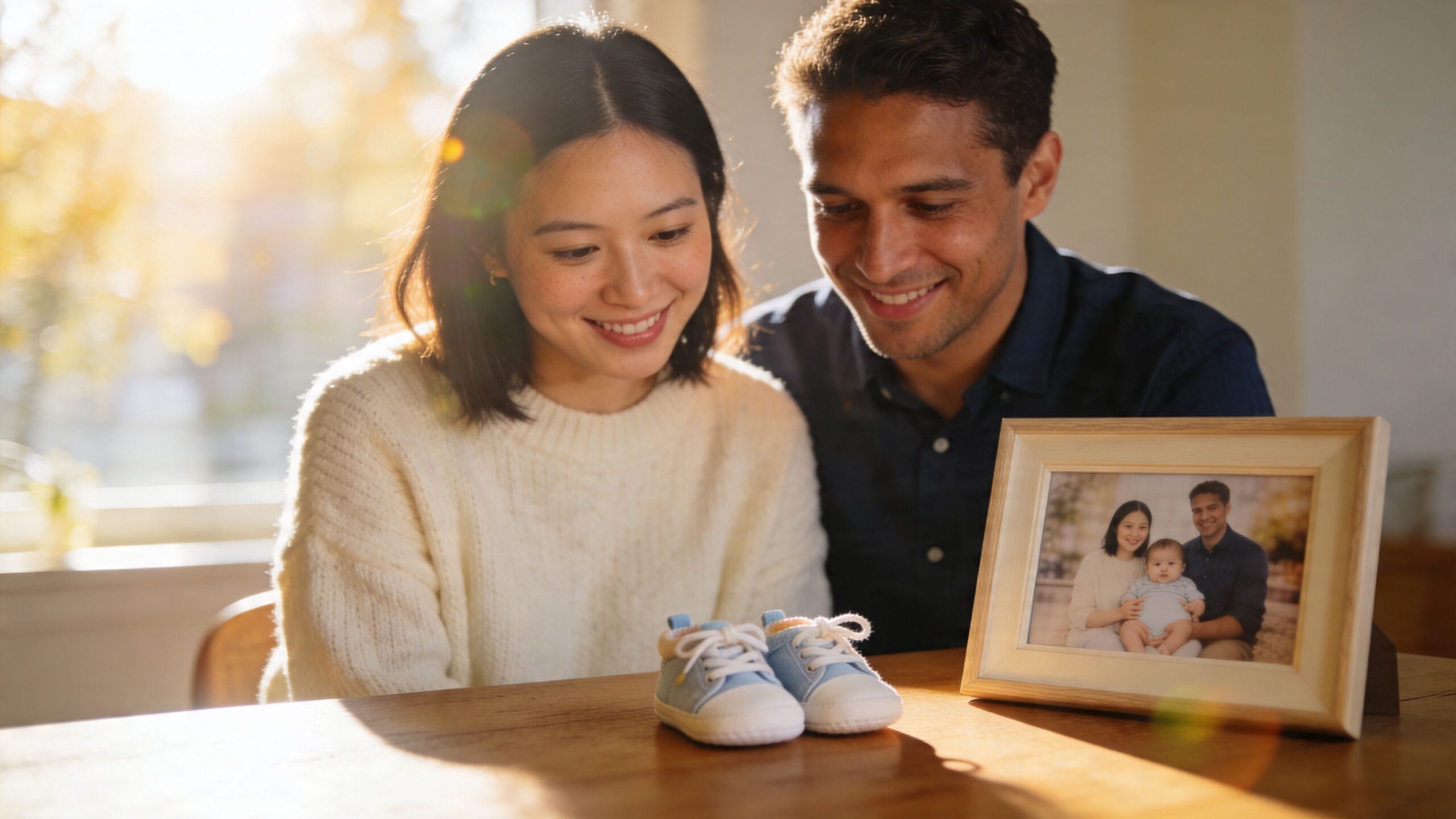 A happy couple looks lovingly at baby shoes on a table next to a family photo frame.