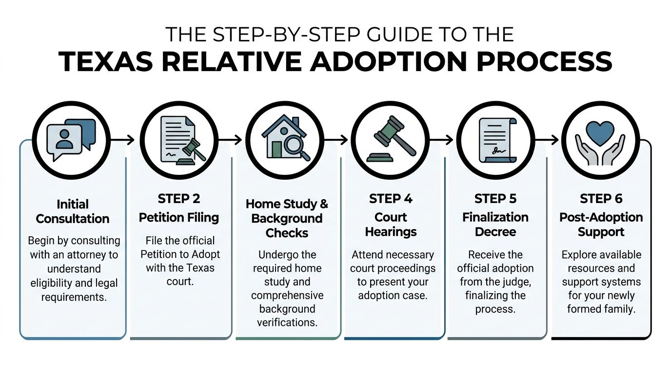 A flow chart illustrating the six steps of the legal relative adoption process in Texas.
