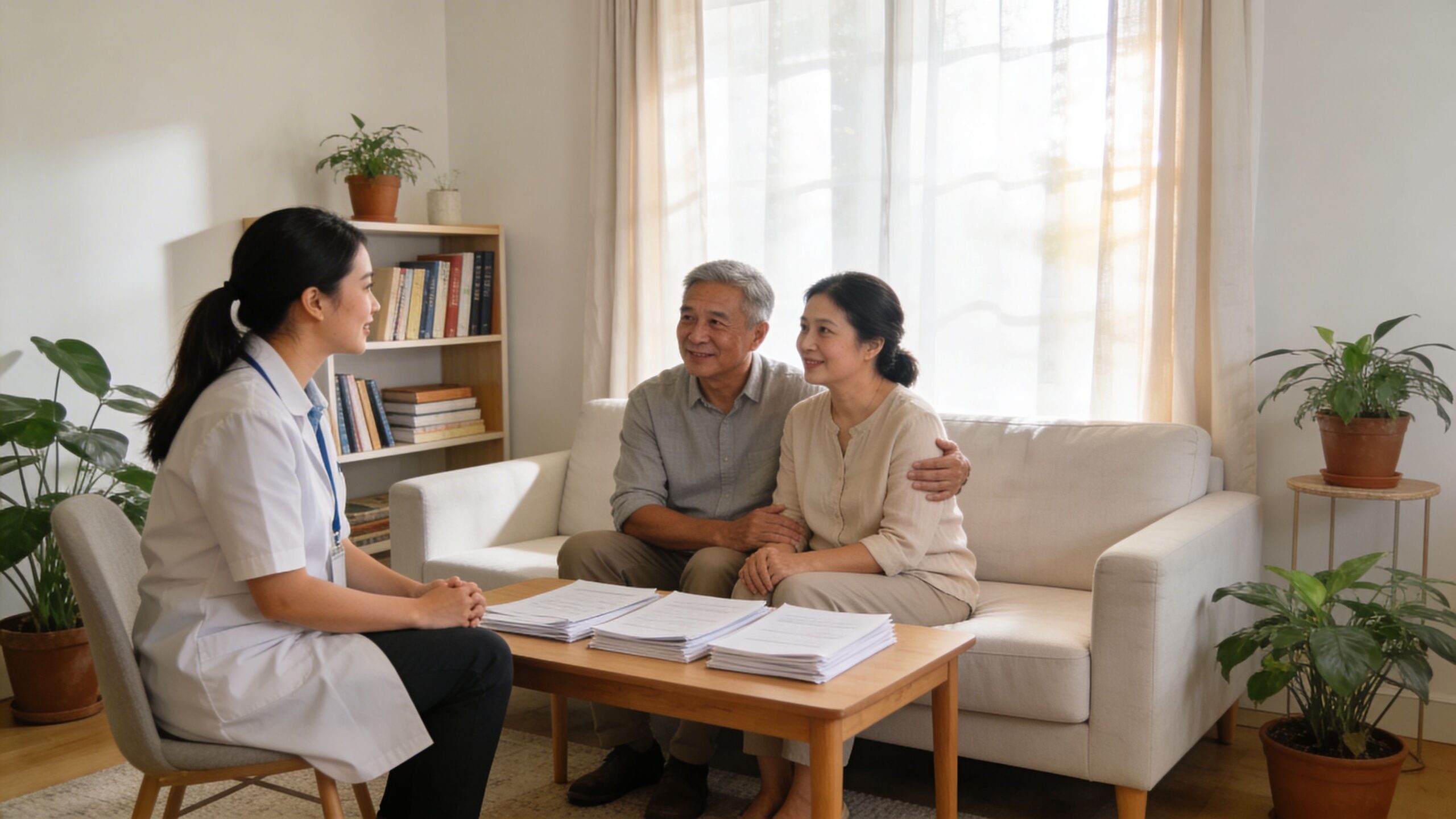 A young female doctor counseling an elderly couple sitting together on a sofa in a home office.