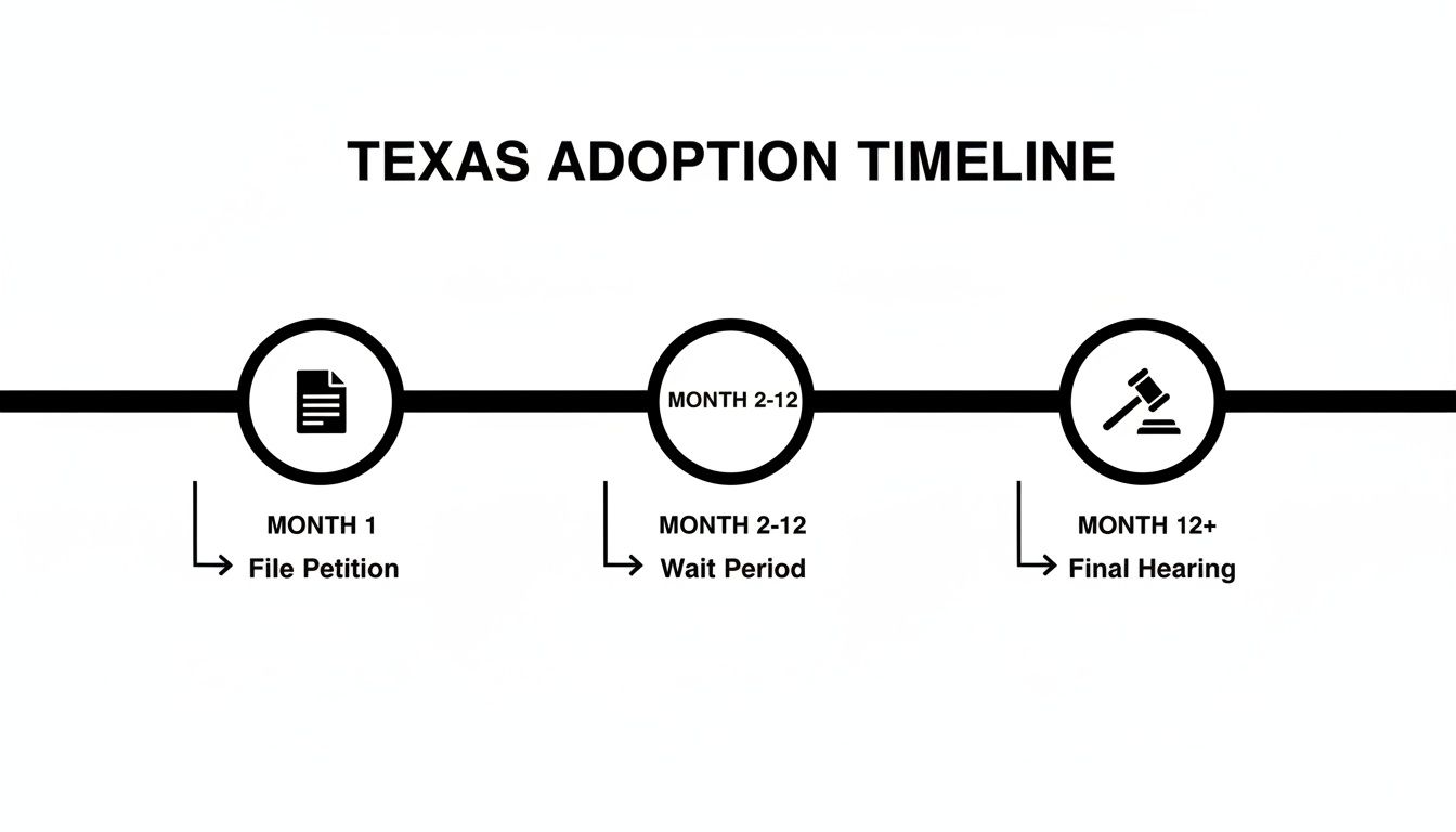 Texas adoption timeline outlining steps: file petition, wait period, and final hearing.