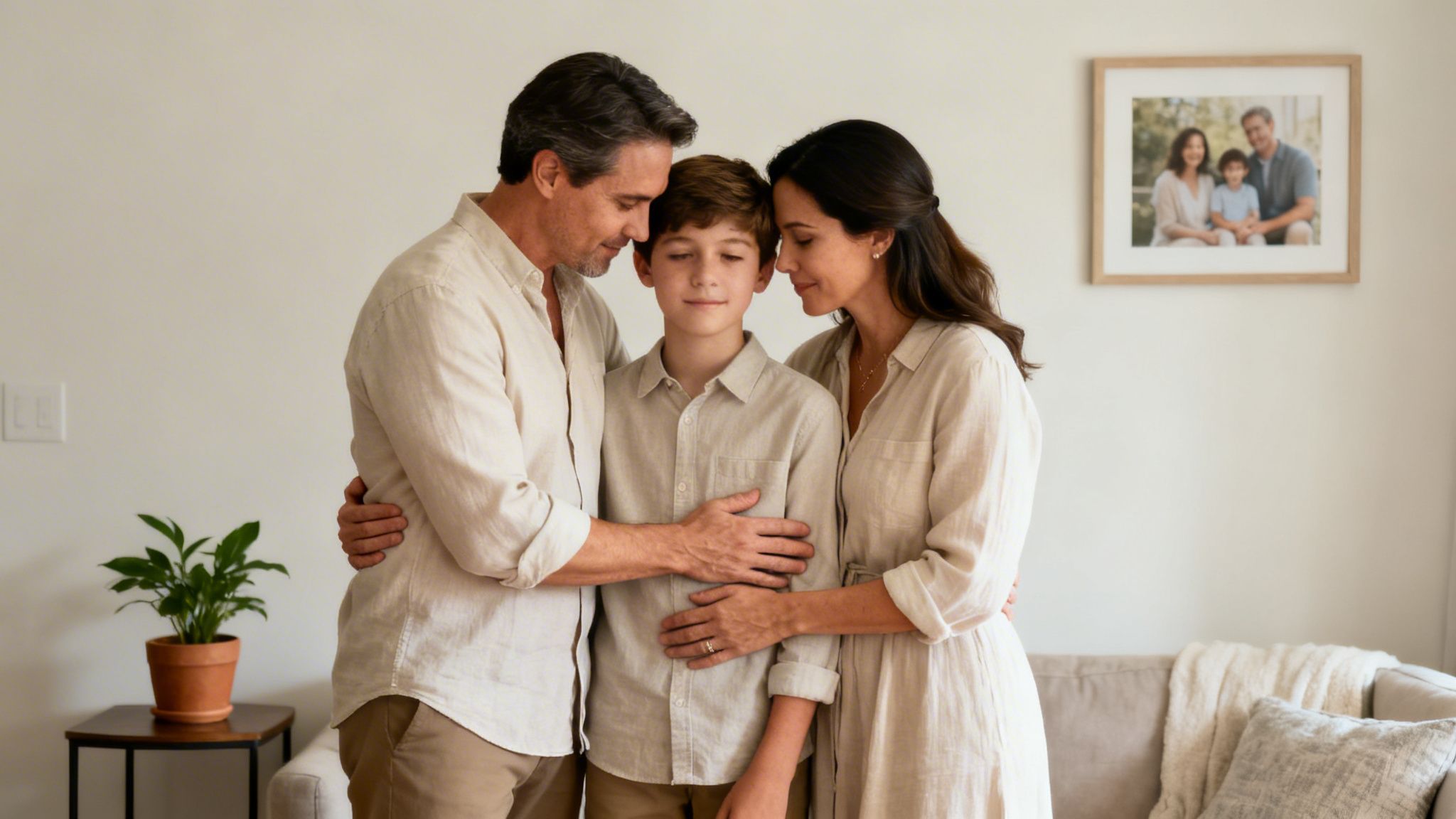 A loving family of three, father, mother, and son, embracing each other warmly in their home.