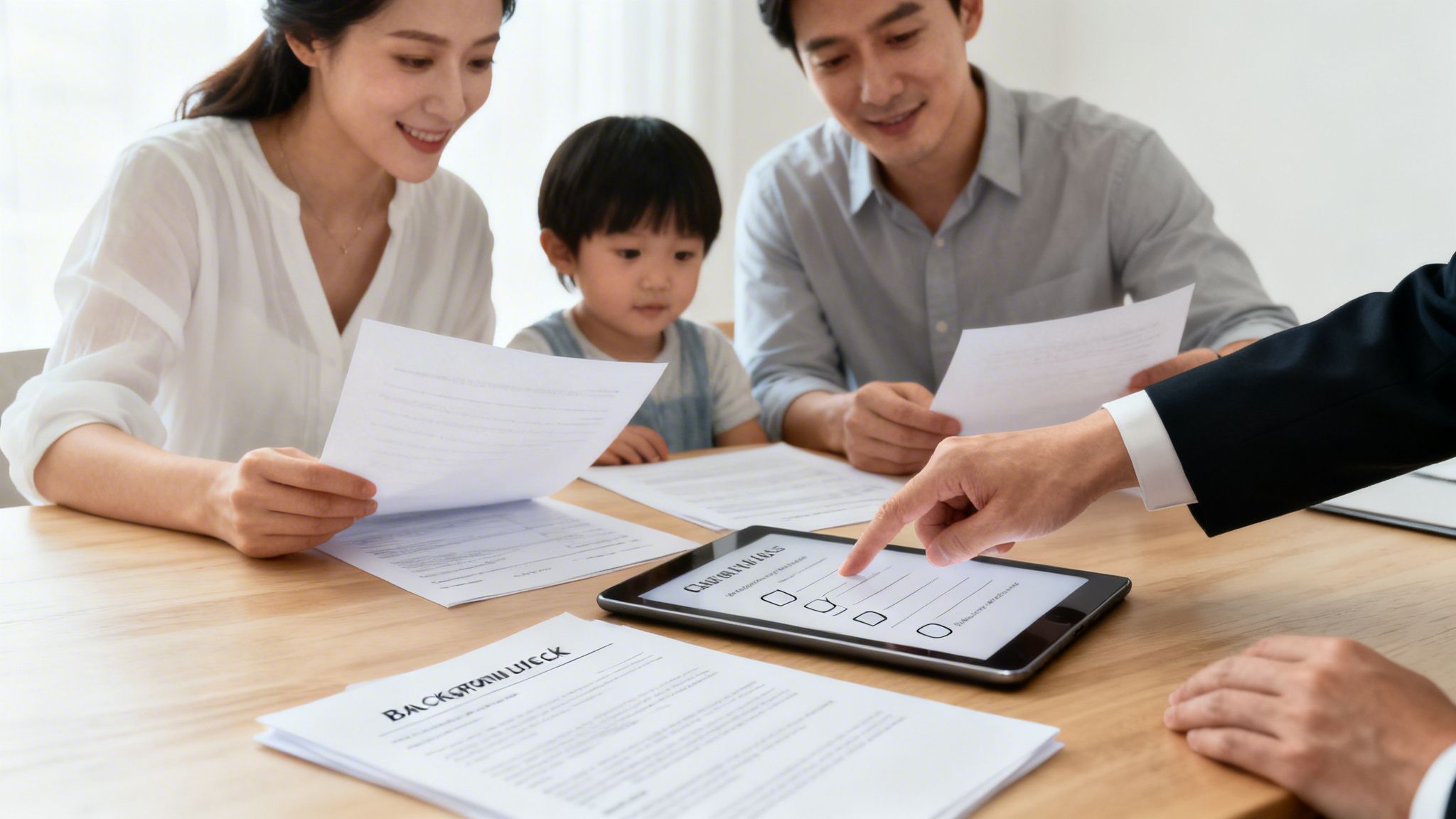 A family and agent review legal documents and a tablet for an adoption process.