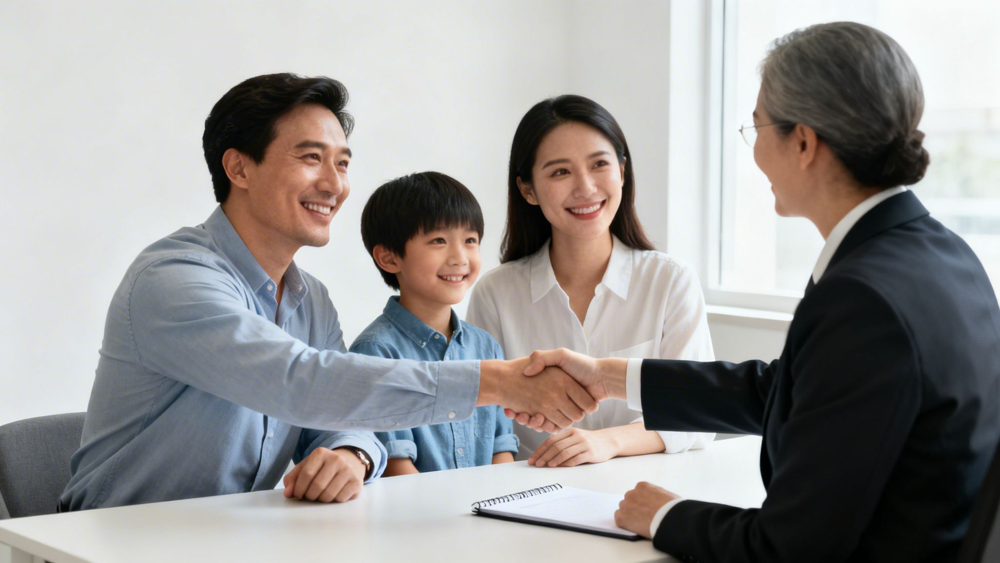 A happy family shakes hands with a professional woman, likely a lawyer, at a meeting.