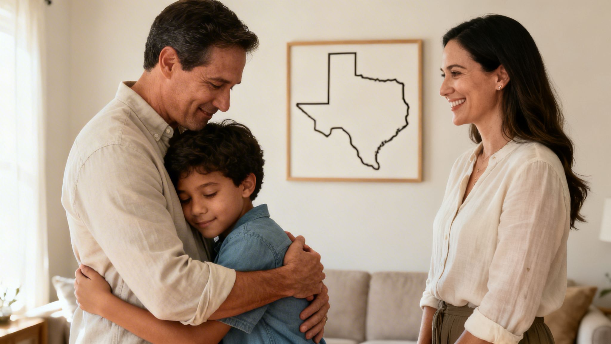 A man and boy embrace happily, with a smiling woman nearby and a Texas state outline on the wall.