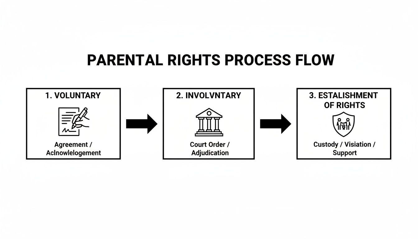 Parental rights process flow diagram showing voluntary, involuntary, and establishment of rights.