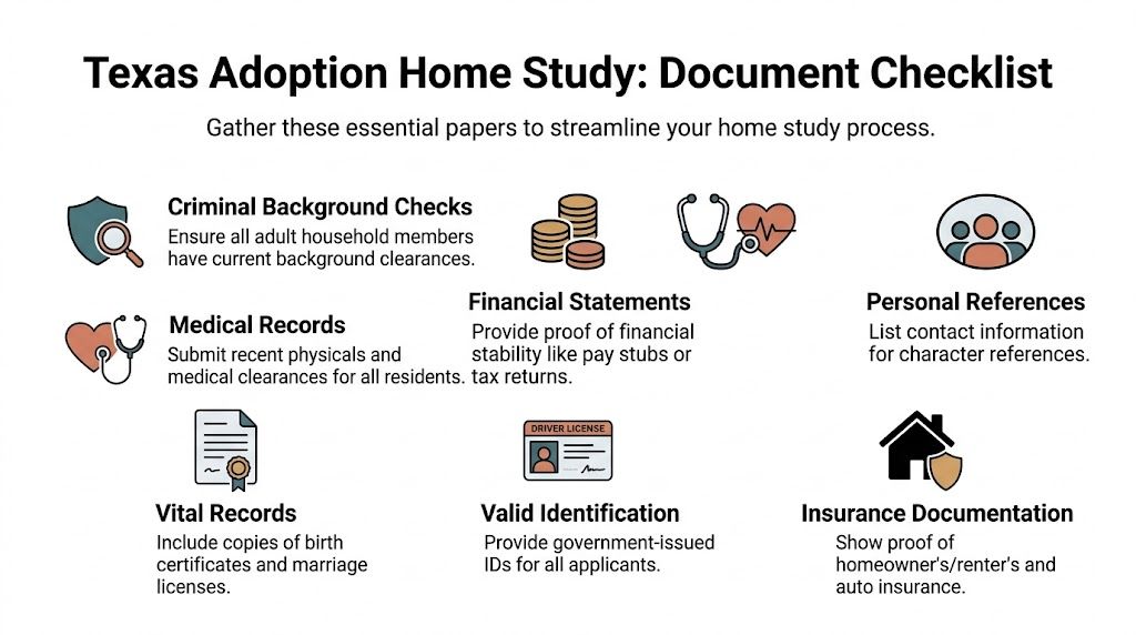 A helpful document checklist infographic outlining required papers for a Texas adoption home study process.