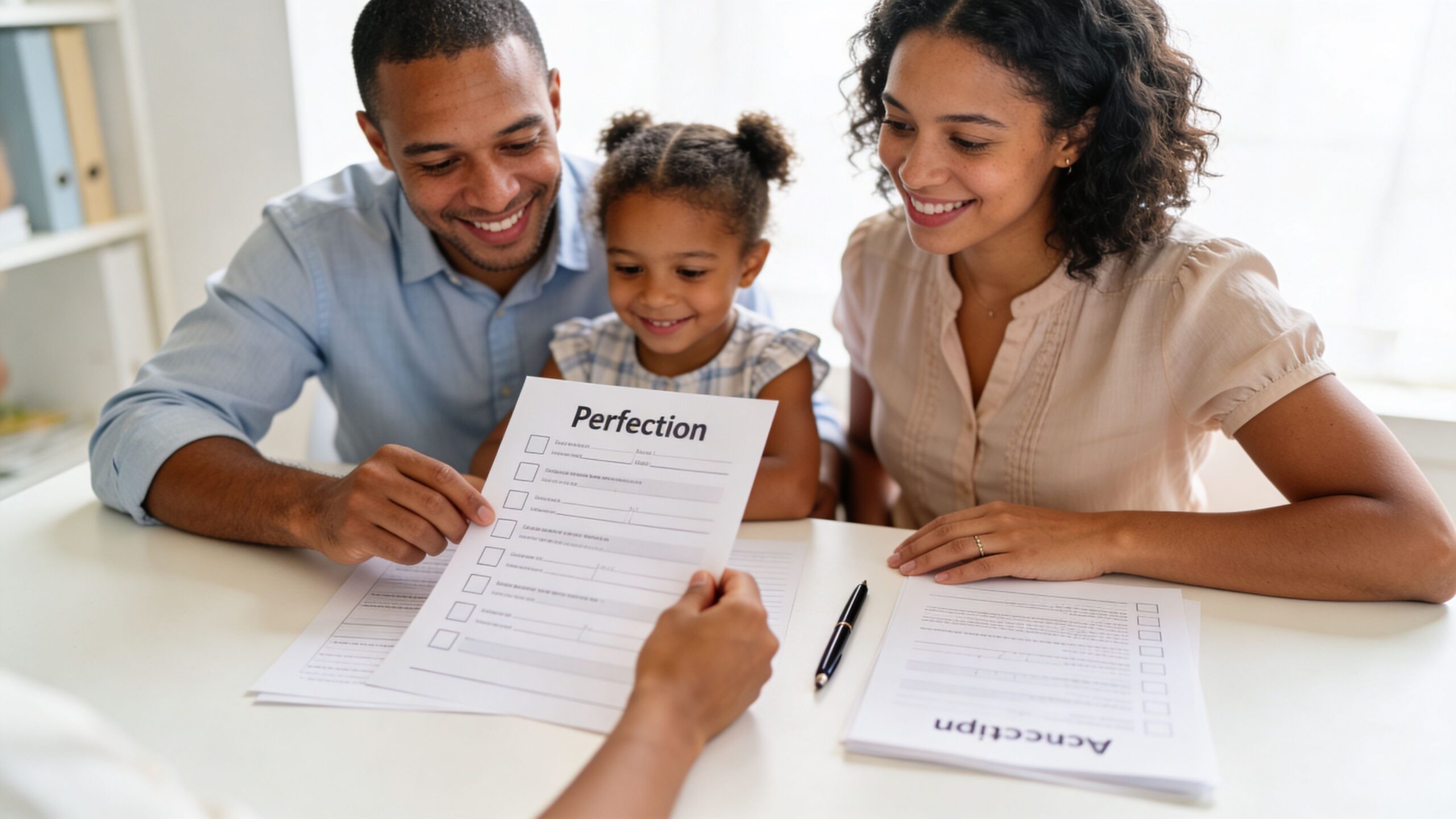 A happy family reviewing adoption paperwork together at a table while preparing for their home study.