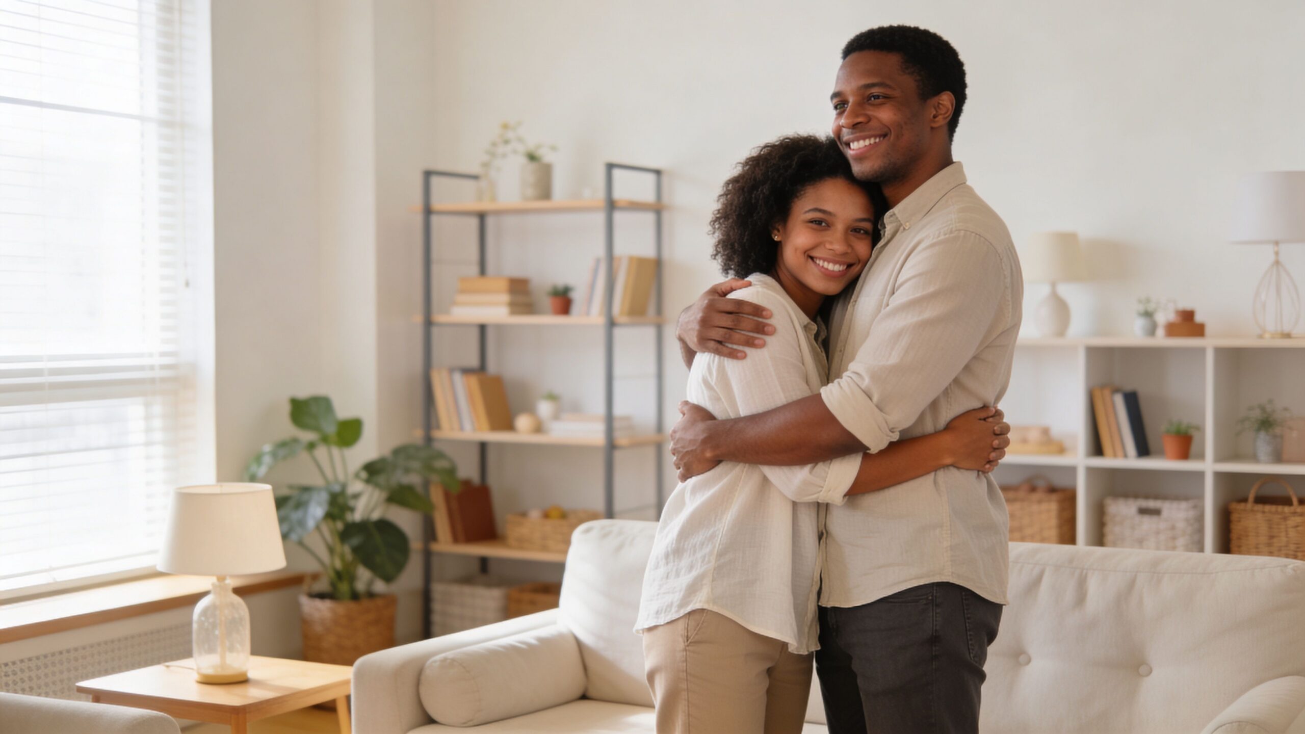 A happy young couple embraces lovingly in their bright, modern living room while starting their life together.