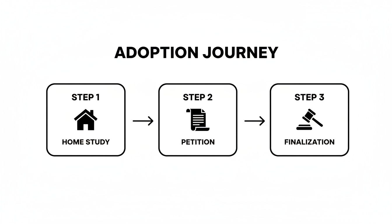 A three-step adoption journey process: home study, petition, and finalization, shown with icons.