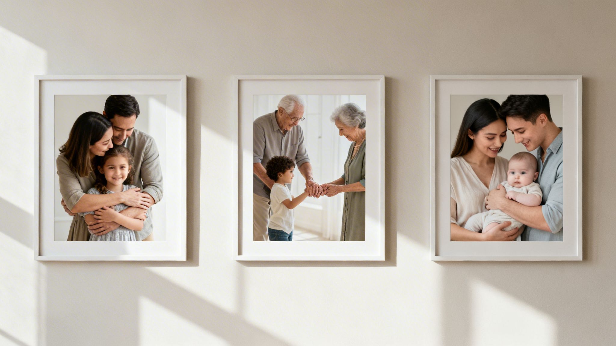 A collection of three framed family portraits on a wall, showcasing love across generations.