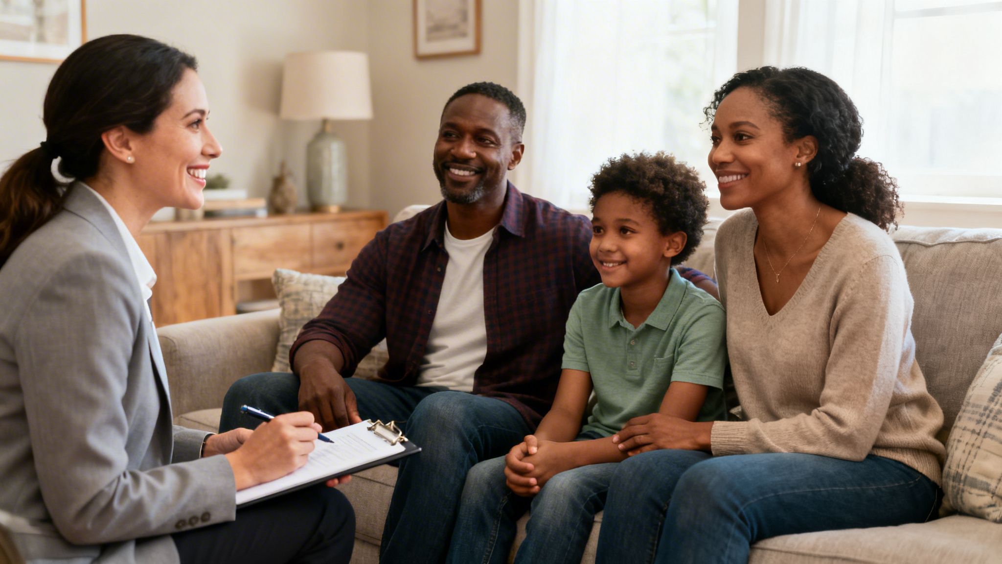 A professional counselor sits with a smiling family of three while writing notes on a clipboard.