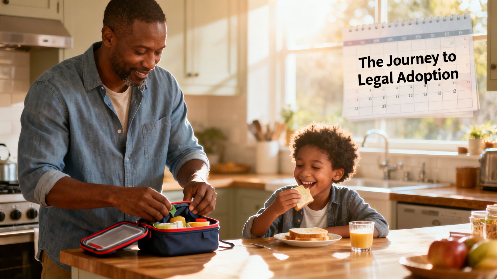 A father smiles while packing a lunchbox for his happy young son in a sunlit kitchen.