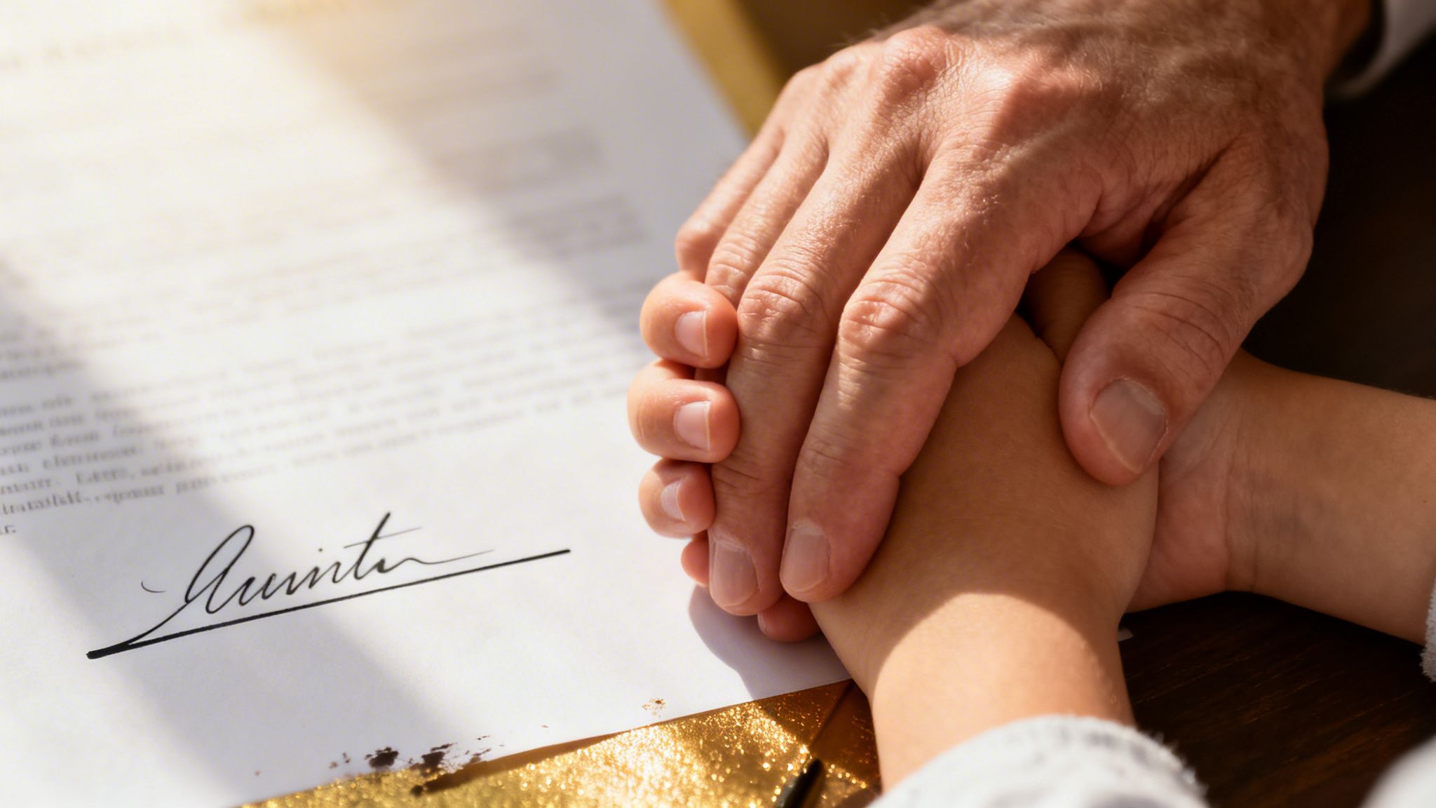 An older adult holding a young child's hand over a signed legal document on a desk