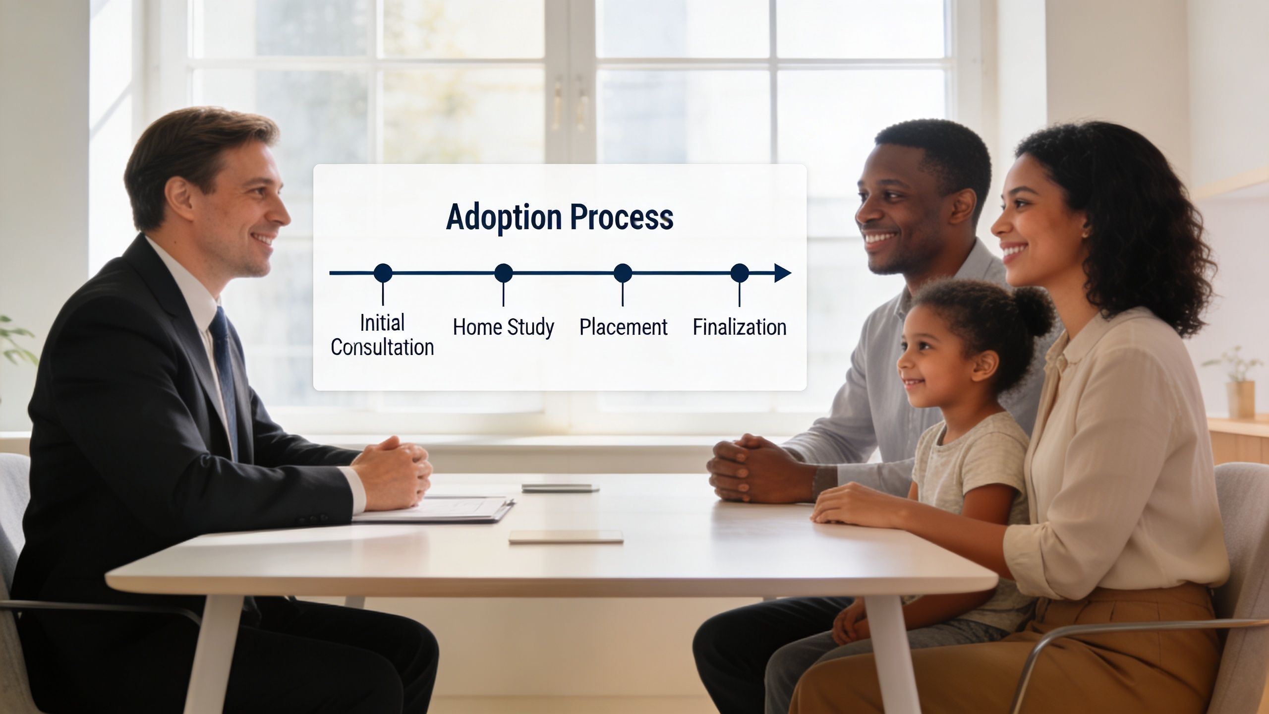A professional adoption consultant discusses the adoption process timeline with a happy family in an office.